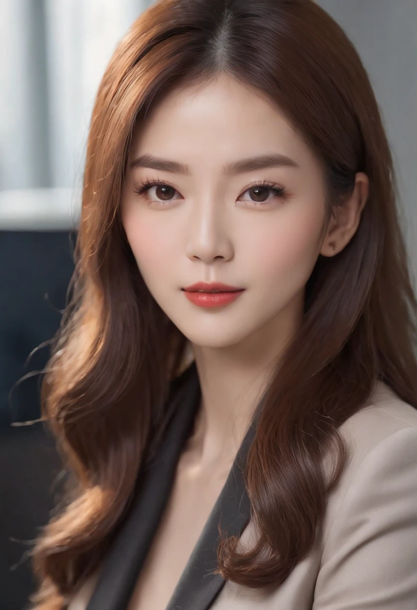 hight resolution, Realistic portrait of professional Korean office lady with perfect skin,Professional suit,Women's Suits,standing athletic pose,The upper part of the body,Women at work,Show confidence and maturity, Surrounded by a modern corporate environment, Vivid and naturally illuminated highlights. Artwork should highlight her elegant facial features, Including an attractive long eye, Fluttering eyelashes and seductive lips. The scene is、Should be enhanced with elements of professionalism and visual appeal,For example, Stylish work desk, Mainframe Computers, High-resolution display, And complex stationery. The overall tone should be warm and professional, Has a soft and natural color palette. Artwork must exude professionalism, Success, And cultural pride,the background is blurred, super long hairs, very long hairs, absurdly long hairs, voluminous hairs, highly detailed hairs, straight posture
