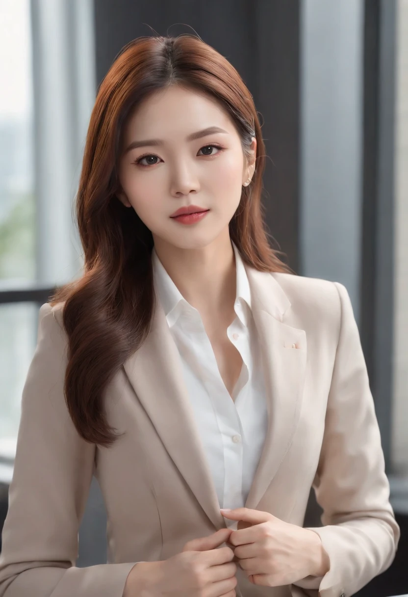 hight resolution, Realistic portrait of professional Korean office lady with perfect skin，Professional suit，Women's Suits，standing athletic pose，The upper part of the body，Women at work，Show confidence and maturity, Surrounded by a modern corporate environment, Vivid and naturally illuminated highlights. Artwork should highlight her elegant facial features, Including an attractive long eye, Fluttering eyelashes and seductive lips. The scene is、Should be enhanced with elements of professionalism and visual appeal，For example, Stylish work desk, Mainframe Computers, High-resolution display, And complex stationery. The overall tone should be warm and professional, Has a soft and natural color palette. Artwork must exude professionalism, Success, And cultural pride，the background is blurred, super long hairs, very long hairs, absurdly long hairs, voluminous hairs, highly detailed hairs, straight posture