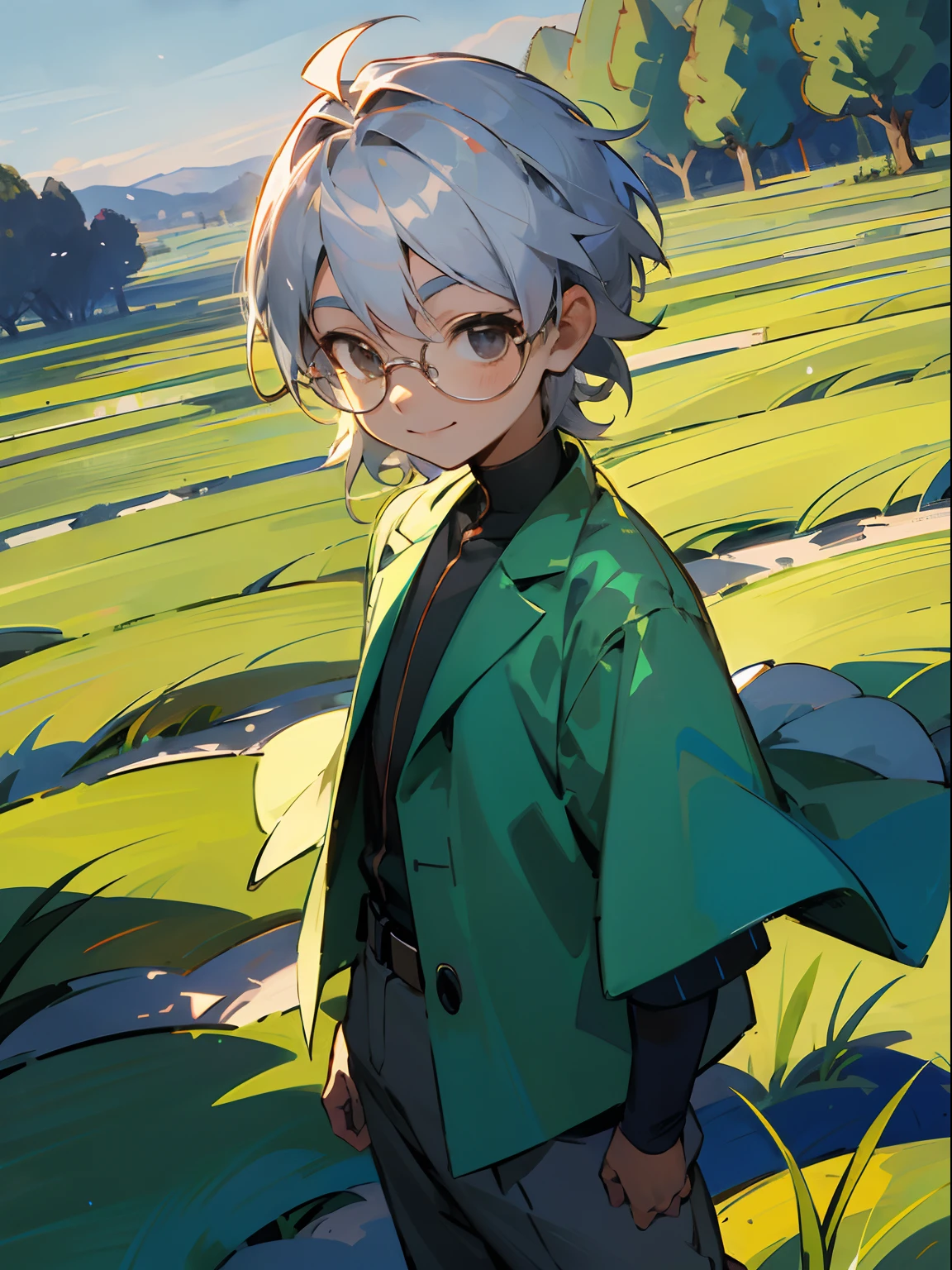 (Male , eye glasses,A smile, silber hair),evening glow,countryside,a dragonfly,low angles,