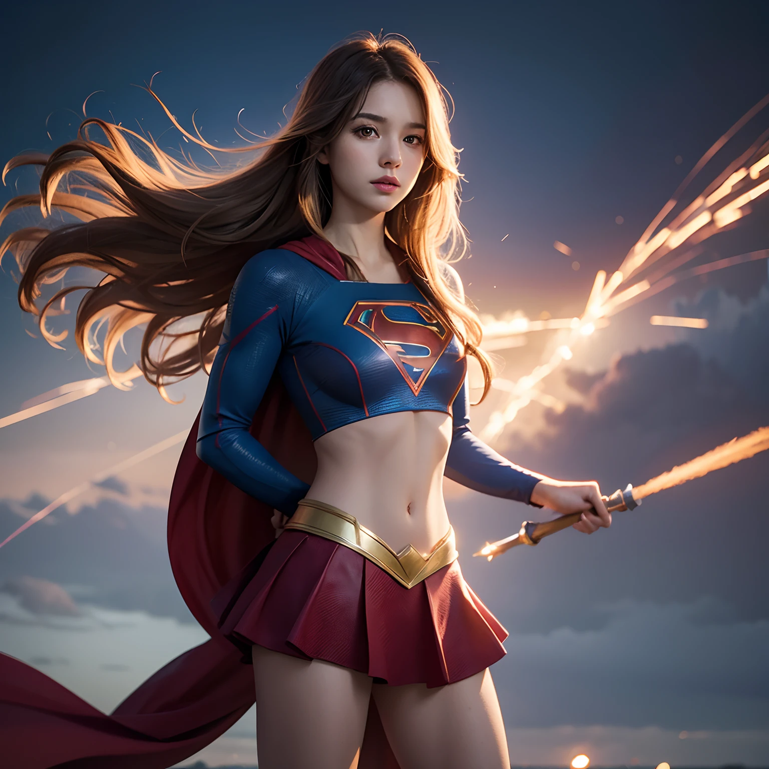 (1girl), solo,  long hair, full body, supergirl, crop top, nabel pierching