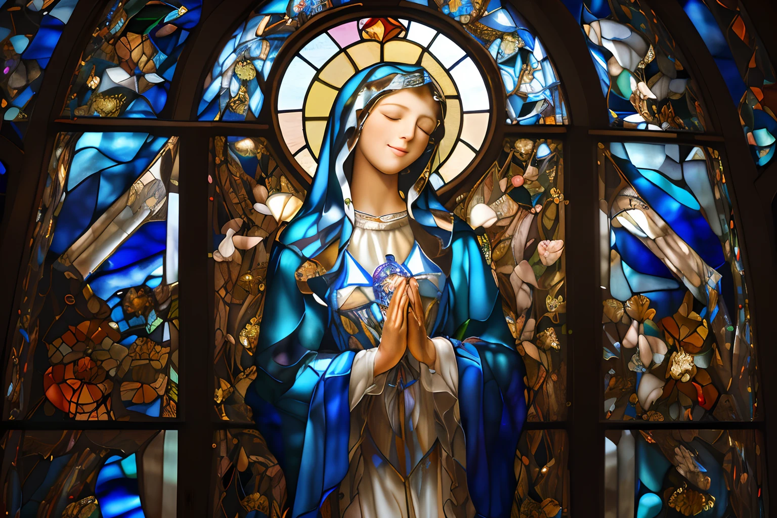 Super high-definition, incredibly detailed, beautiful, 8K graphics, {{stained glass art}}, {{full-body shot}}, art, Stained glass art or illustration of the Virgin Mary, pure, Mary, woman, beautiful, gently smiling with her eyes closed and slightly inclined, {{full-body shot}}, life-sized.