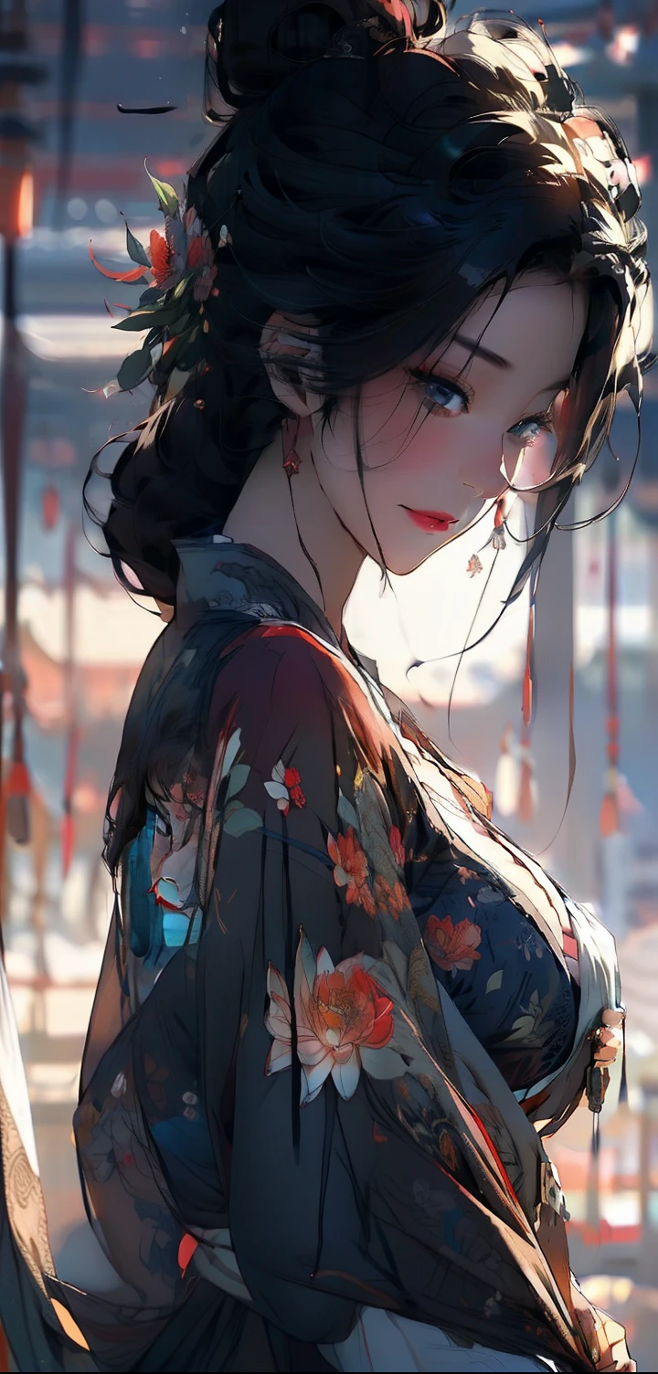 chinese paintings,Gongbi drawing style,ink,legends,red background,deep red,Dark tones,Pink big breasts,lotuses,foreground,lotus flower,Green bamboo vista,(snow landscape),((Ancient Chinese red and black Hanfu beauty standing in a sea of flowers smiling)),Melon seed face,Willow eyebrows,Cherry small mouth,(blue eyes),Gentle atmosphere,closeup cleavage,Perfect facial features,(The hair is meticulously depicted),(The face is carefully depicted),Works of masters,(The flowers are carefully depicted),super-fine,high qulity,A high resolution,The composition is perfect,((tmasterpiece))Bigchest,Big breasts Thin waist,long leges,Buttock augmentation,Raised sexy,Bare ,Bare breasts,(Wearing:white and black color Hanfu)