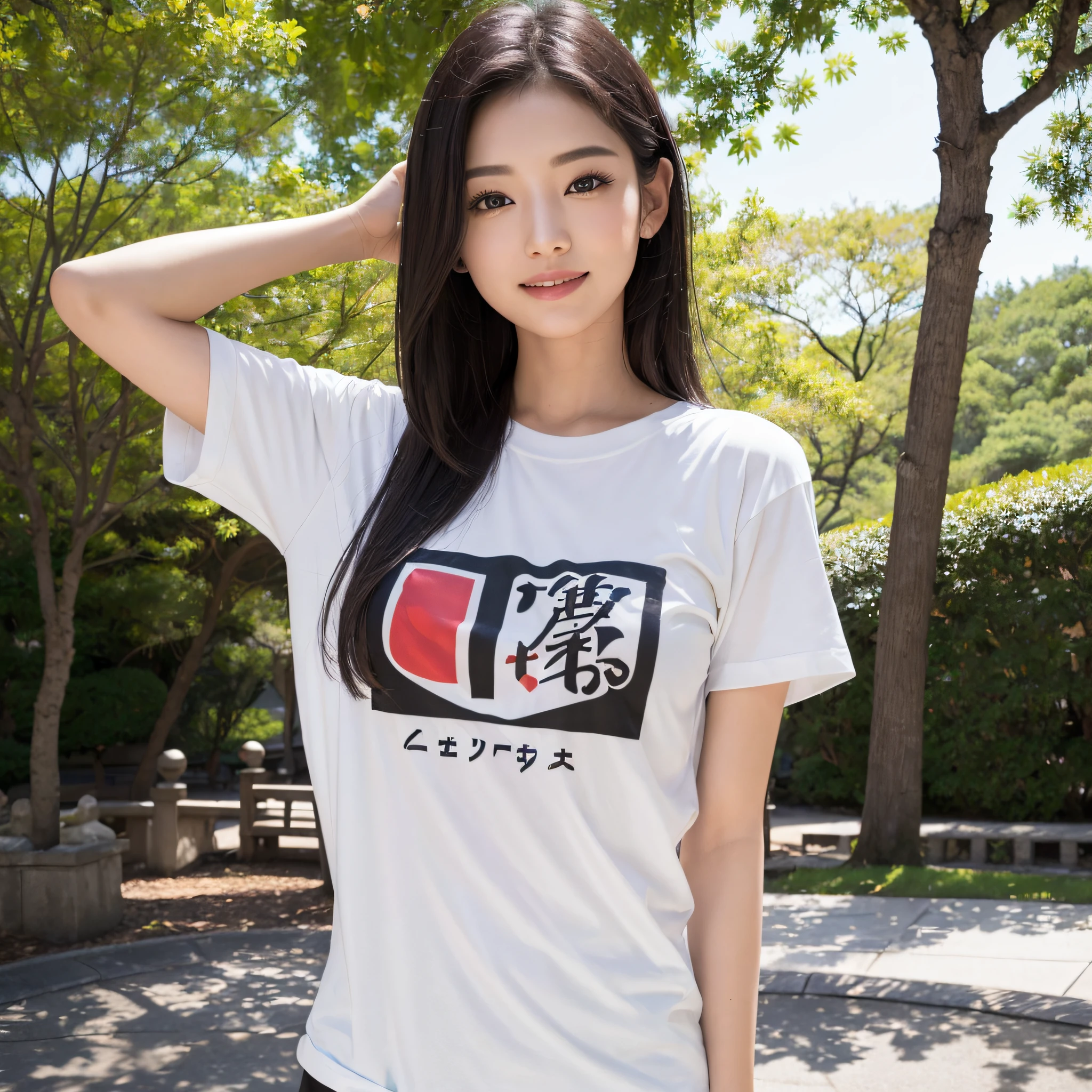 One beauty、((best qualtiy、8k masterpieces:1.3))、foco nítido:1.2、(ultra beautiful faces:1.0)、(shinny skin:1.0)、photos realistic、A dark-haired、Video Lighting、High-definition eyes and face、Video Lighting、25-year-old Japan actress、from the front side、medium breasts、Smile、Slender Abs Beauty、Whole body、Wearing a T-shirt with Japan kanji、In the park in the morning