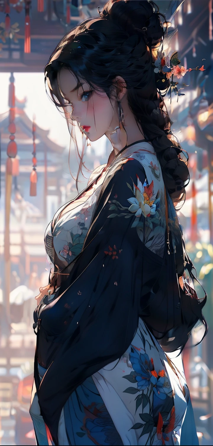 chinese paintings，Gongbi drawing style，ink，legends，red background，deep red，Dark tones，Pink big breasts，lotuses，foreground，lotus flower，Green bamboo vista，（snow landscape），（（Ancient Chinese red and black Hanfu beauty standing in a sea of flowers smiling）），Melon seed face，Willow eyebrows，Cherry small mouth，（blue eyes），Gentle atmosphere，closeup cleavage，Perfect facial features，（The hair is meticulously depicted），（The face is carefully depicted），Works of masters，（The flowers are carefully depicted），super-fine，high qulity，A high resolution，The composition is perfect，（（tmasterpiece））Bigchest，Big breasts Thin waist，long leges，Buttock augmentation，Raised sexy，Bare ，Bare breasts，（Wearing：white and black color Hanfu）