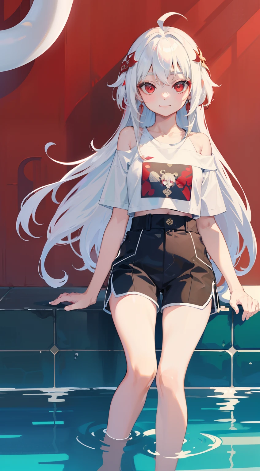 ((masterpiece)), ((high detail)), 1girl, ((ultra-detailed)),((delicate face)), Beautiful detailed eyes, doff red eyes, gradient hair,hairs between eyes,white hair, long hair,red eyes,genshin_impact,pool background, standing, smiling face,((Happy face)),((ahoge)), character design, full body, deep red eyes,((cunny)), 4 pose, Shorts, home t-shirt,((flat chest)),