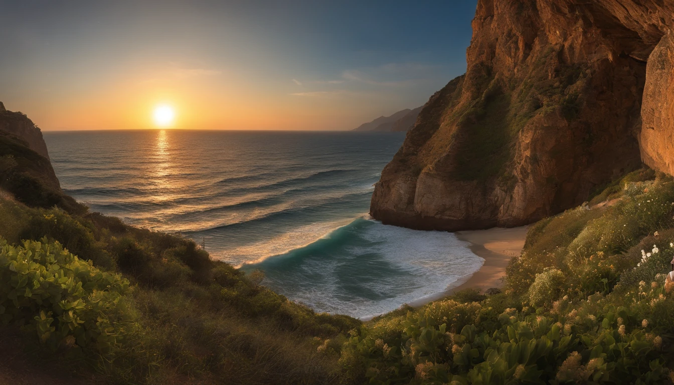 Generate an incredibly realistic image of Jesus Christ standing by the serene sea with a loving, comforting expression, with dimensions set to 1280x720 pixels. Capture detalhes intrincados, incluindo seu entorno impregnado de macio, luz solar dourada, while presenting his countenance with a deeply affectionate and reassuring demeanor that evokes a deep sense of compassion and comfort