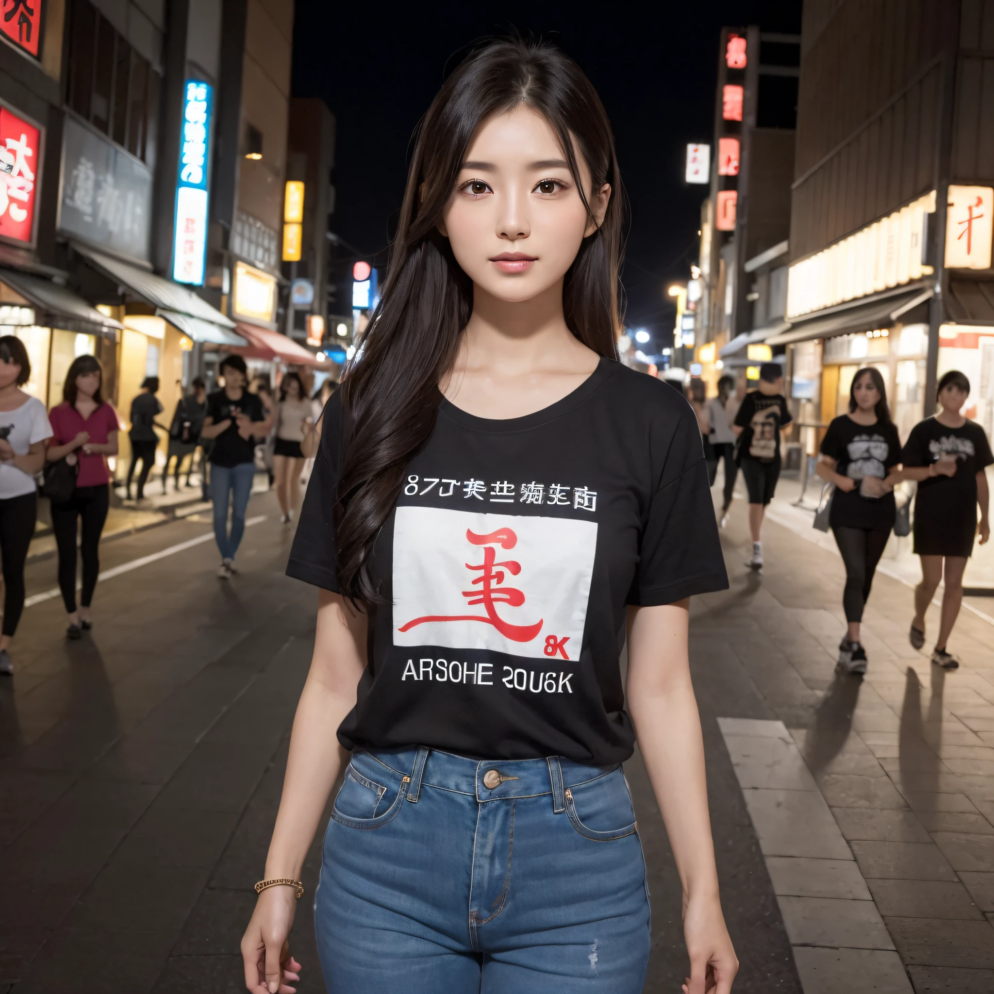One beauty、((best qualtiy、8k masterpieces:1.3))、foco nítido:1.2、(ultra beautiful faces:1.0)、(shinny skin:1.0)、photos realistic、A dark-haired、Video Lighting、High-definition eyes and face、Video Lighting、25-year-old Japan actress、from the front side、medium breasts、Smile、Slender Abs Beauty、Whole body、Wearing a T-shirt with Japan kanji written on it、In the downtown area at night