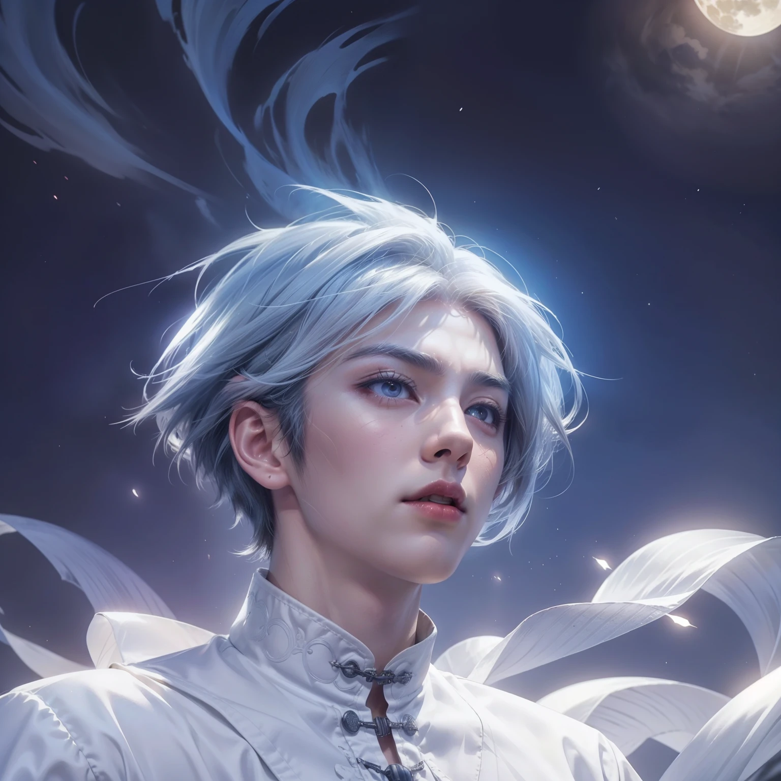 (max resolution: 1.2), (Ultra HDTV: 1.2), 8K resolution, Eye and skin details, face details, , (Sharp focus: 1.2), (Precise focus) face sharp face: 1.2), 1 Sitting boy, (Short hair), White hair, Shirtless, Exposed chest muscles, Six-pack abs, transparent white briefs, Flower lantern, Mid-Autumn Festival, calendar outfit Chinese white hair, (white hair), Starry sky, Full moon, Flying lanterns in the sky, Flying lanterns, Glowing lights