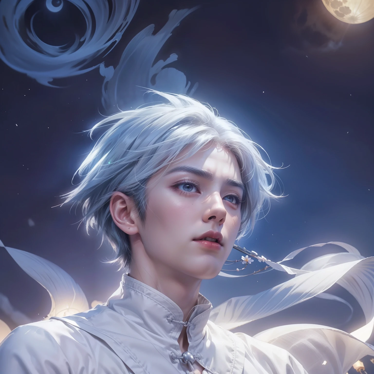 (max resolution: 1.2), (Ultra HDTV: 1.2), 8K resolution, Eye and skin details, face details, , (Sharp focus: 1.2), (Precise focus) face sharp face: 1.2), 1 Sitting boy, (Short hair), White hair, Shirtless, Exposed chest muscles, Six-pack abs, transparent white briefs, Flower lantern, Mid-Autumn Festival, calendar outfit Chinese white hair, (white hair), Starry sky, Full moon, Flying lanterns in the sky, Flying lanterns, Glowing lights