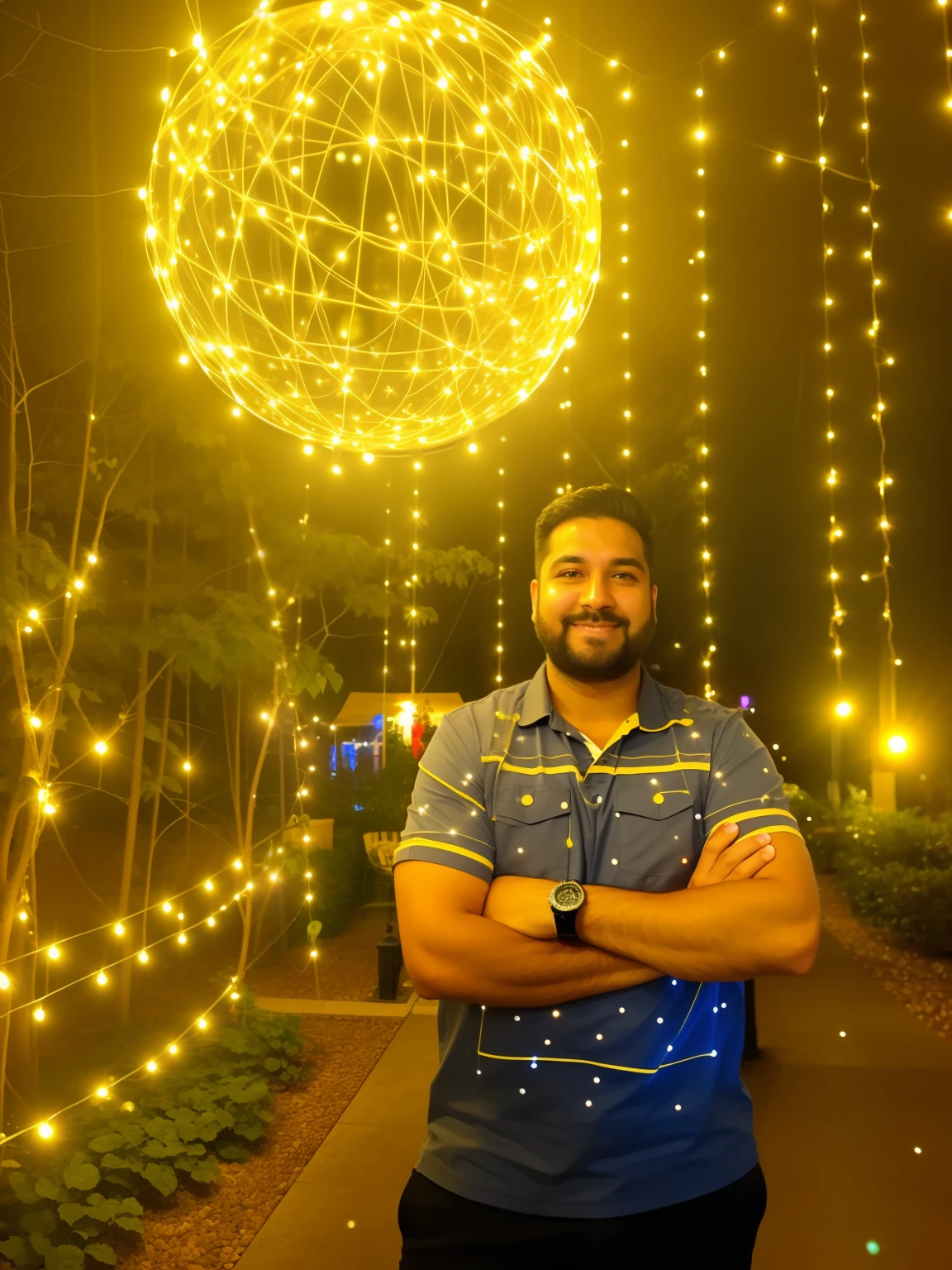 there is a man standing under a large light ball, with glowing lights at night, bokeh in the background only, candid picture, at night time, shot on iphone, photo taken at night,good quality picture, at night with lights, at nighttime, during night, shot with iphone 1 camera, taken with iPhone, masquiline man, apple watch, luminous environment, realistic, majestic sight, hd,