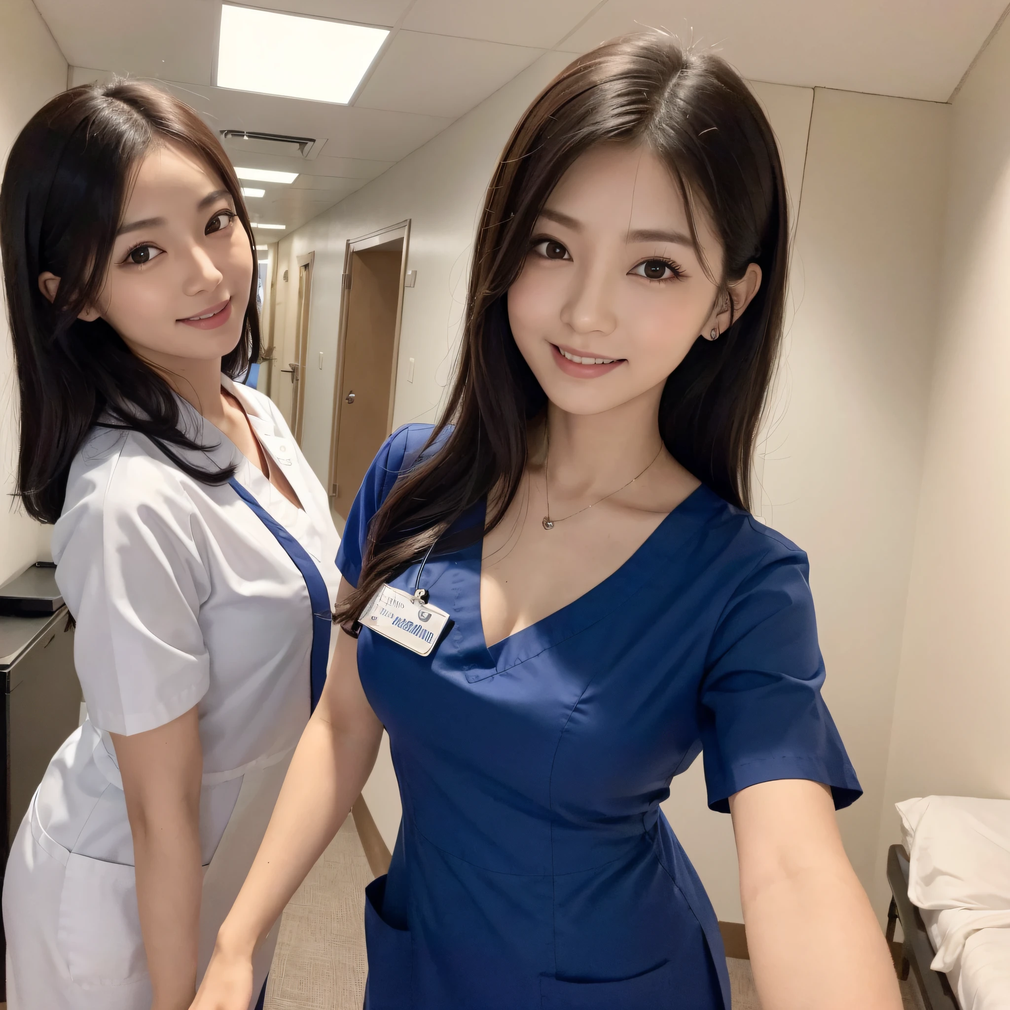 One Nurse Woman、((best qualtiy、8k masterpieces:1.3))、foco nítido:1.2、(ultra beautiful faces:1.0)、(shinny skin:1.0)、photos realistic、A dark-haired、Video Lighting、High-definition eyes and face、Video Lighting、Japan Idol Actress、from the front side、medium breasts、Smile、Slender Abs Beauty、Whole body、Wearing a nurse's costume、at hospital