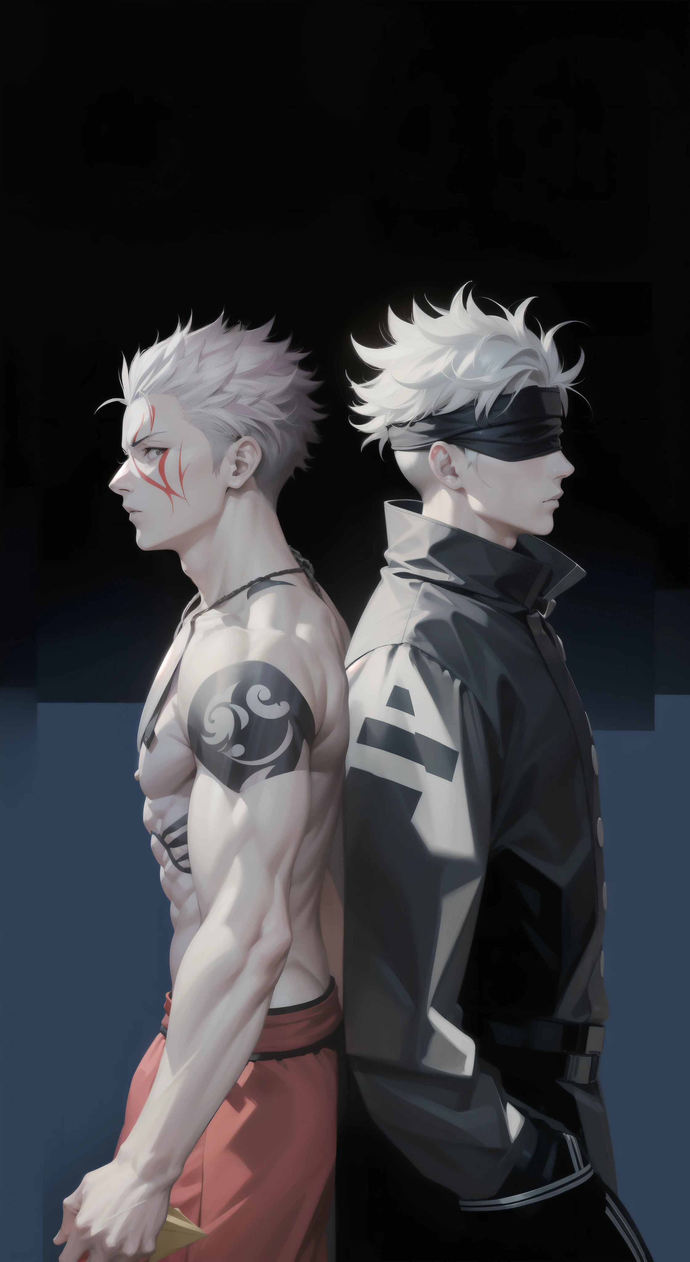 Sukuna a esquerda sem camisa e Gojo a direita com roupas escuras. Jujutsu Kaisen.