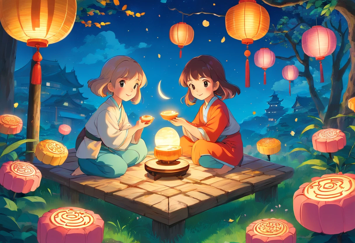 Eat mooncakes together during the Mid-Autumn Festival，In the garden，Colorful lanterns，Mid-Autumn Festival，full moon，Cartoon picture Normal background, A beautiful artwork illustration, Colorful illustration, colorful kids book illustration, Colorful illustrations, archan nair, painting illustration, fairy-tale illustration style, editorial illustration colorful, colorful concept art, dreamlike illustration, Colorful! Character design, Wonderful illustrations, illustrated in whimsical style, Exquisite digital illustration