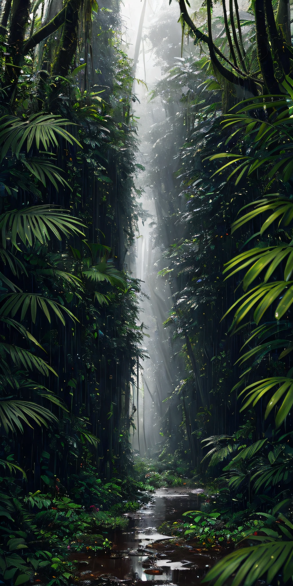 A jungle, with intense rainfall, monochromatic, vines all around, giant and wet trees, masterpiece, best quality, high quality, extremely detailed CG unity 8k wallpaper, oil paiting, award winning photography, Bokeh, Depth of Field, HDR, bloom, Chromatic Aberration ,Photorealistic,extremely detailed, trending on artstation, trending on CGsociety, Intricate, High Detail, dramatic, art by midjourney, volumetric lighting