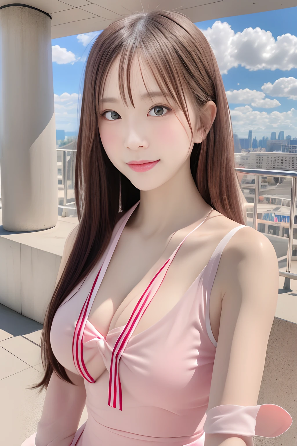 Mine type girls、Close to human、Raw photo、a miniskirt、A smile、Large breasts、Chest is open、Dress pink and white like me、long、bow ribbon、Cute shoes、Cute Kutsushita、Looking at the camera、sexypose、In the city during the day、
