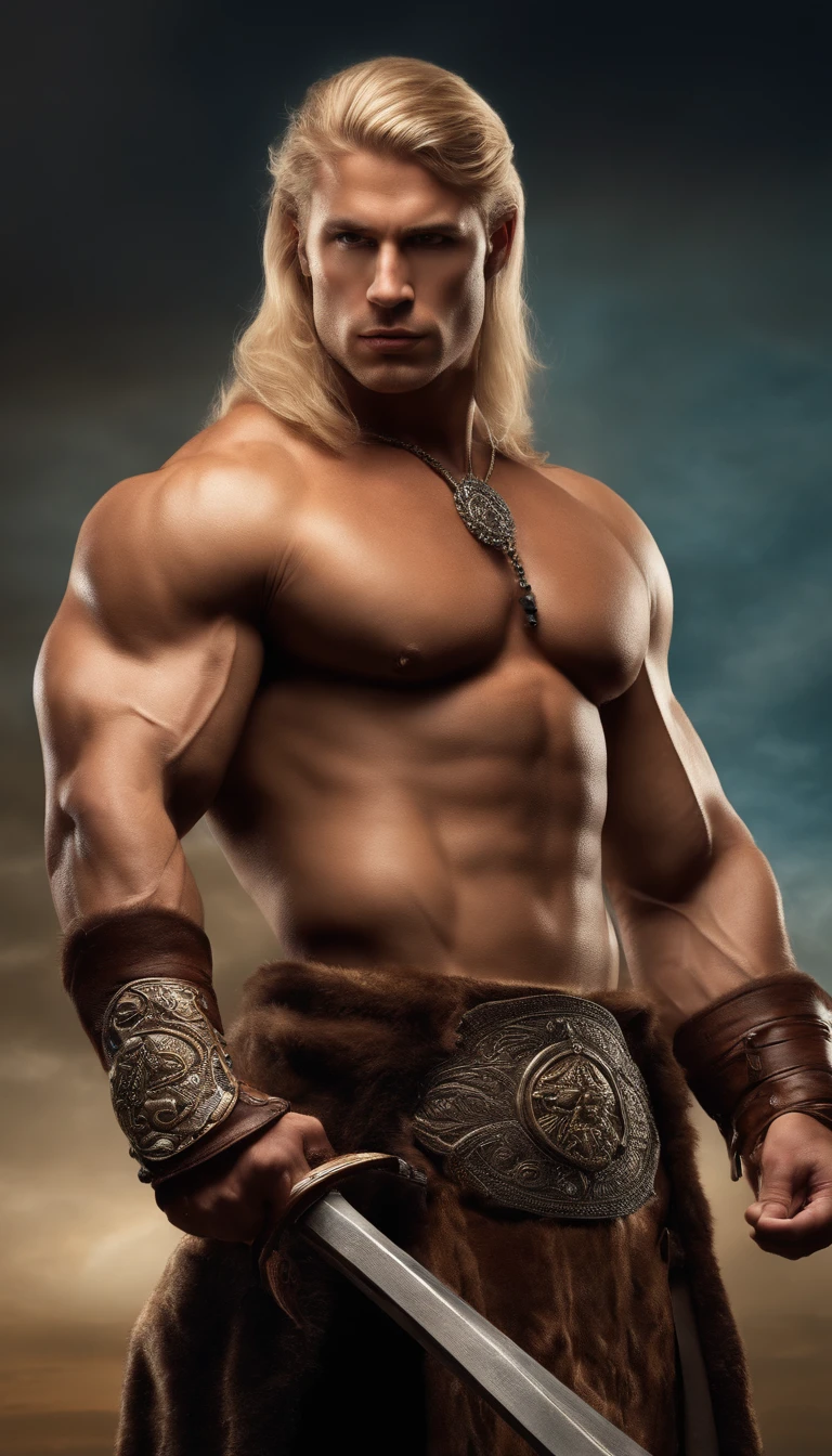 (Destacado、profissional、surreal)、Muscular barbarian, blonde hair, 1 masculino, manly, olhar robusto, Machado grande detalhado, metal texture,