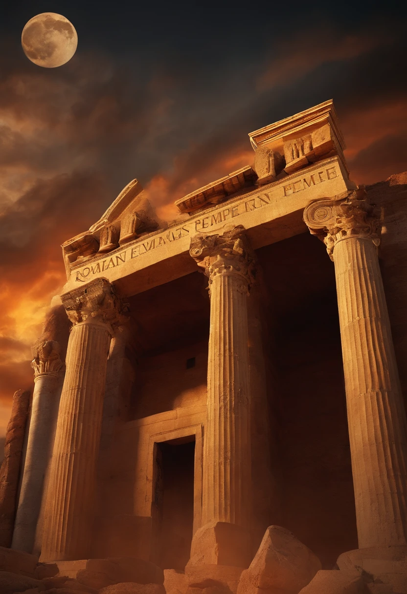 Imaginez un immense pilier temporel, proudly bearing the inscription 'Roman Empire - 1,500 years of greatness'. Autour, Bursts of history swirl, representing the legendary durability of this colossal empire