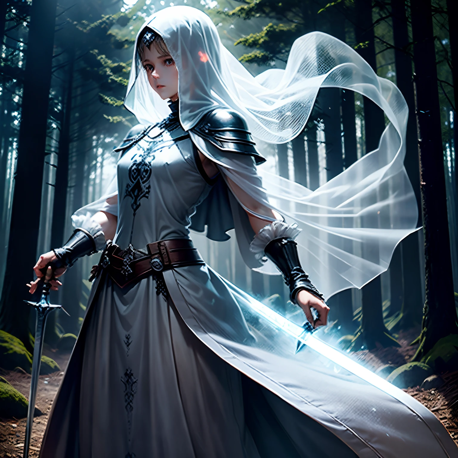 Transparent ghost,Transparent body,There is a very ordinary iron sword in the body,Ordinary iron sword,Unpretentious iron sword,Middle Ages style,dark screen,the dark forest,the phantom,neuter,