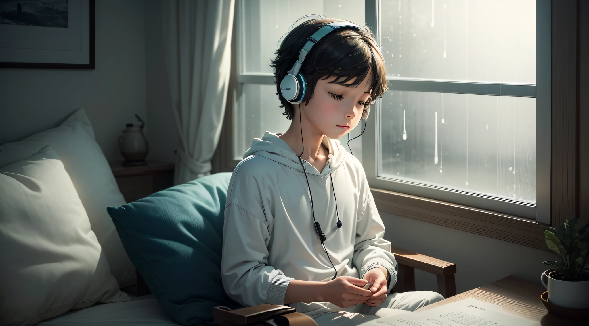 Design a captivating YouTube channel image for a relaxation-focused channel, symbolized by a serene 12-year-old boy wearing headphones. Create a tranquil and soothing scene where the young boy is experiencing the calm of a rainy day while immersed in music.
The boy should be positioned near a window, seated comfortably indoors, with the soft glow of dim lighting. Raindrops should be visible on the windowpane, and the boy should have a peaceful expression on his face as he listens to soothing music through his headphones.
Incorporate the channel's name, 'Rainy Day Serenity,' in a font that harmonizes with the image's overall ambiance. Place the text creatively within the image, ensuring it complements the scene and reflects the channel's theme of relaxation.
The image should convey a sense of tranquility, introspection, and the idea that music can provide solace on rainy days. It should inspire viewers to embrace the peacefulness of rainy atmospheres and the relaxation that comes with it, just like the boy listening to music on a rainy day.