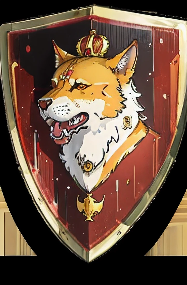 Red shield, gold ornaments, Cerberus shield, three headed dog crest
