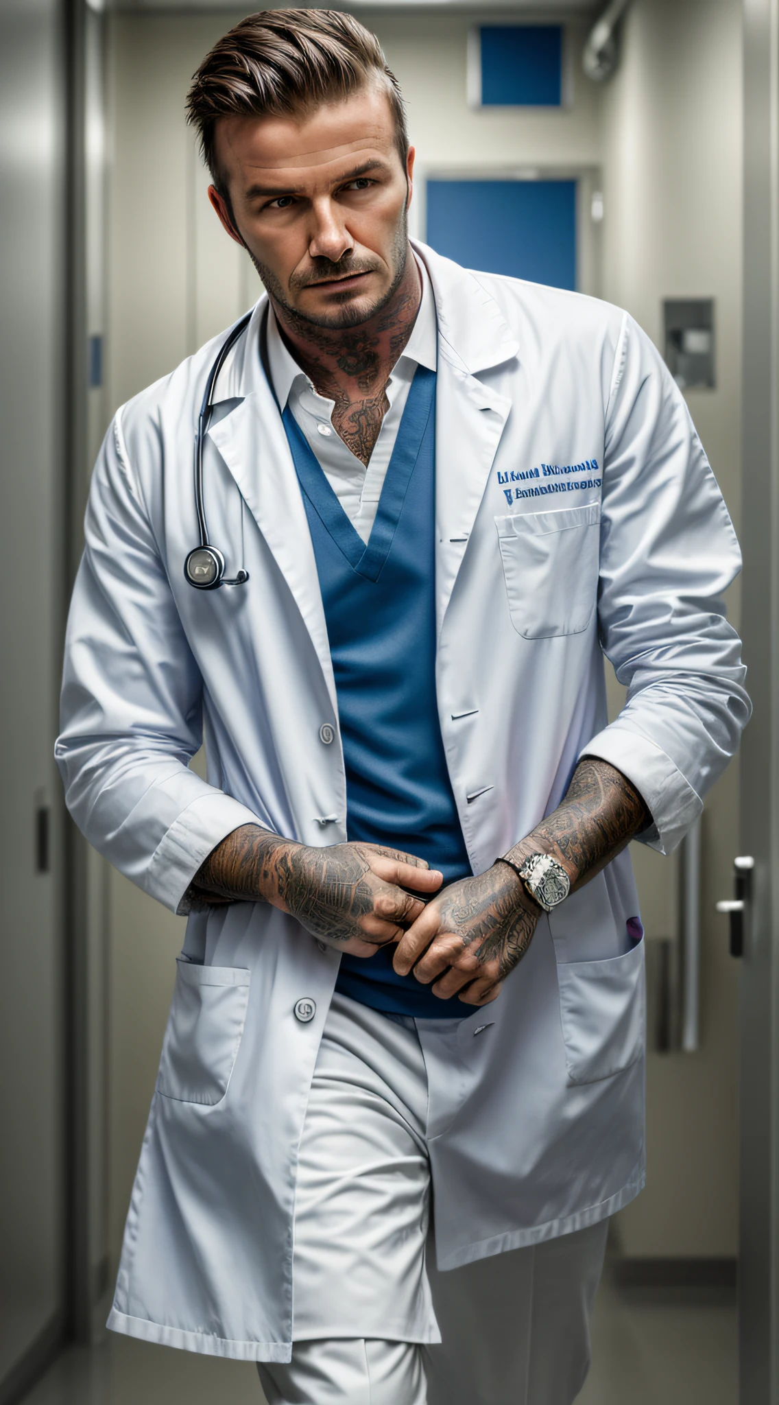 masterpiece, high quality, high resolution, David Beckham as Doctor in hospital, cinematic, ultradetaled eyes, ultra realism, hyper realism soft light,