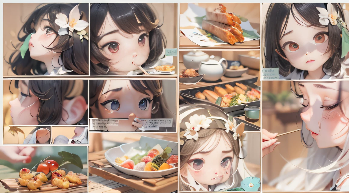 Disney Comics storyboard style,Soundtrack cartoon,Taoist fairy,Huangshan Ren 1:0.8,Delicate black hair,Arm carving,Delicate gradient shoes,Beautiful eyes,Delicate black hair,Popmart blind box,Clay texture,Treading on the ground,Black gold marble background,natural lightting,The large round table is filled with delicacies, grilling skewers, Stewed pork, Braised pork, Fried fish with garlic, Roasted suckling pig, Scrambled eggs with tomatoes, Grim,BBQ,Have an appetite,Delicate characters,Black colored eyes,Black color hair,ssmile,having fun,Exquisite ornaments,Beautiful picture quality,Artistic sense,large scene,Sense of lens,Light effect, Gluttony, A mouthful full of oil, Wonton cloak,Best quality at best,Hyper-detailing,arte 3D,C4D, OC renderer, a 3D render, 8K,45 degree viewing angle,Multiple expressions,Contemplative,Pondering,doubt,Confused,Startled,expecting,anime big breast,(((Soundtrack cartoon)))(Soundtrack cartoon)