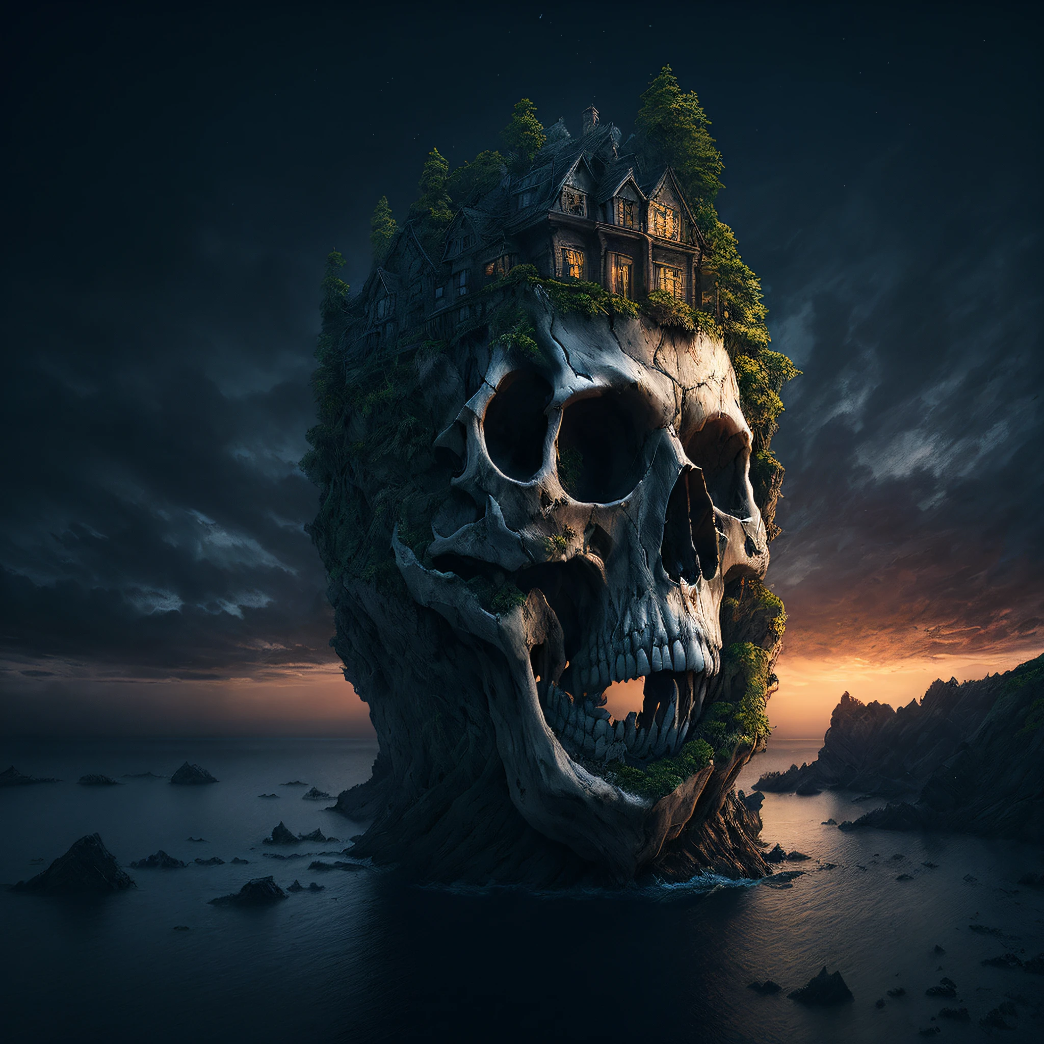 arafed skull with a house on a cliff in the middle of the ocean, 4k highly detailed digital art, dark but detailed digital art, fantasy skull, surrealism 8k, 4 k surrealism, digital art 4k unsettling, 4k detailed digital art, highly detailed digital artwork, surreal dark fantasy, skull island, 8k stunning artwork