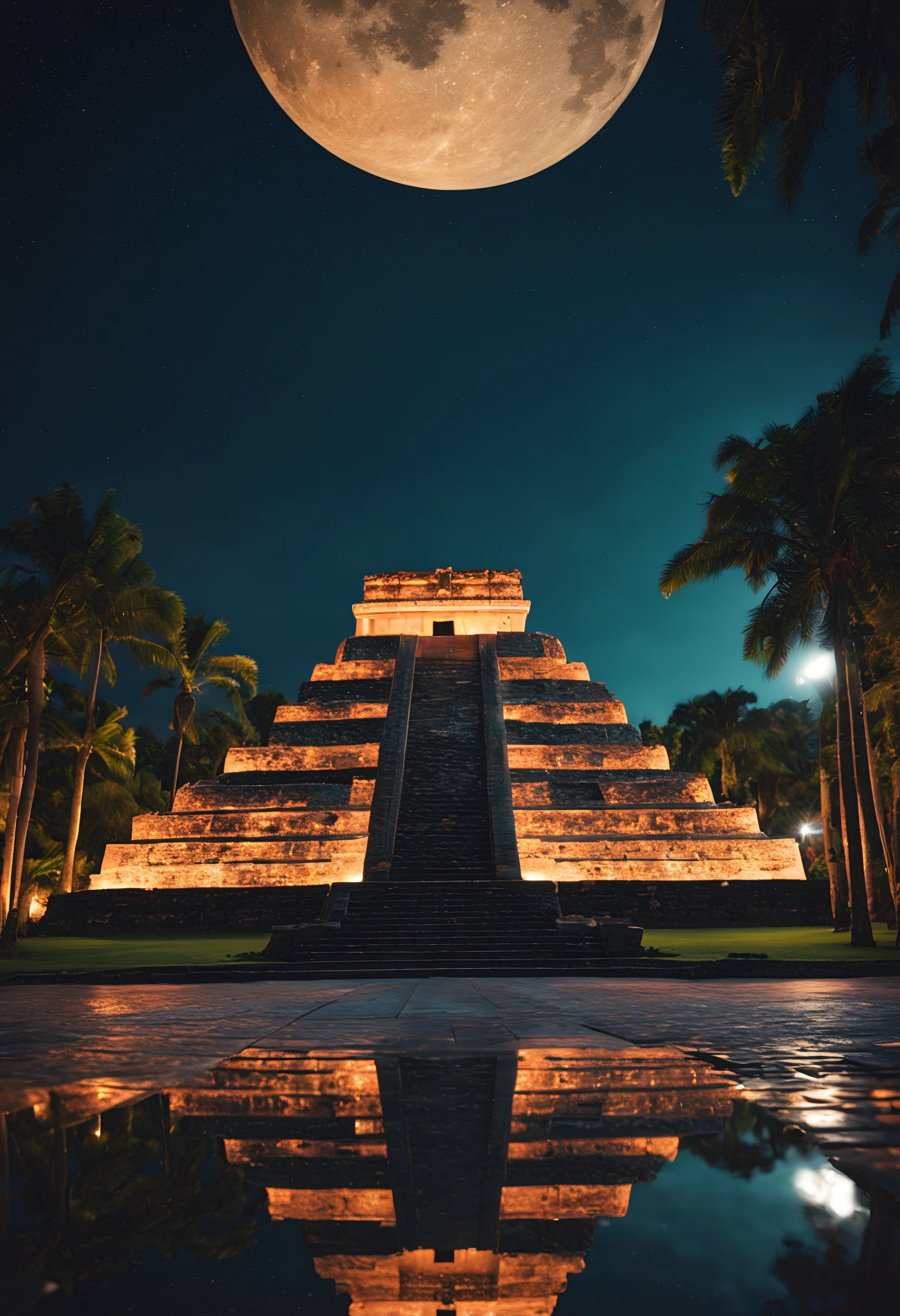 High quality Photo of Ancient mayan (temple) in the center of an (futuristic American city) at night, dramatic, low angle shot, high resolution, 8k, high saturation