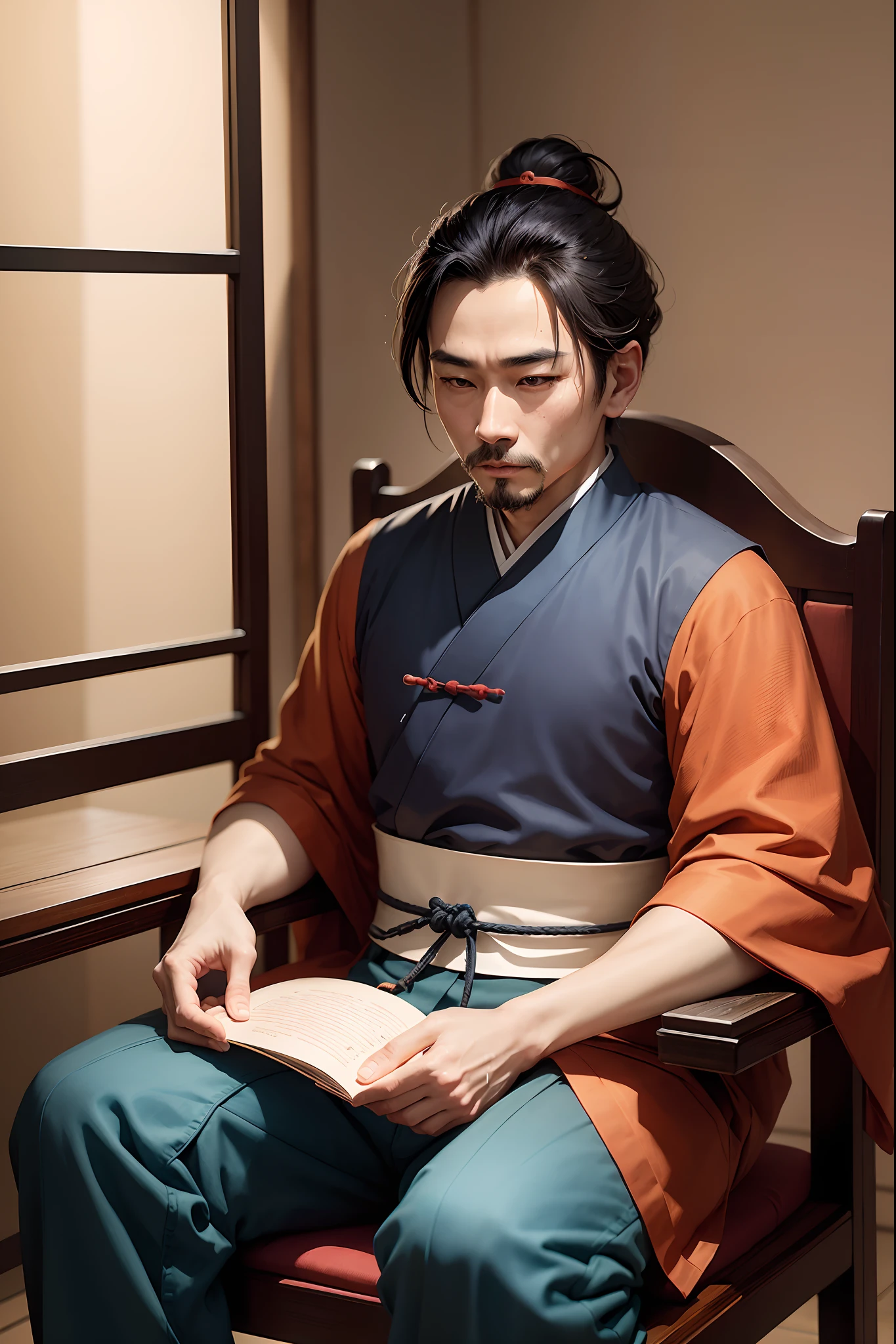 A color photograph of a man sitting in a chair, a portrait inspired by Zhang Shunzi, Flickr, shin hanga, song nan li, ren xun and maruyama ōkyo, zhang daqian, bo xun ling, qi sheng luo, feng shu, xiaoguang sun, xiang duan, su fu
