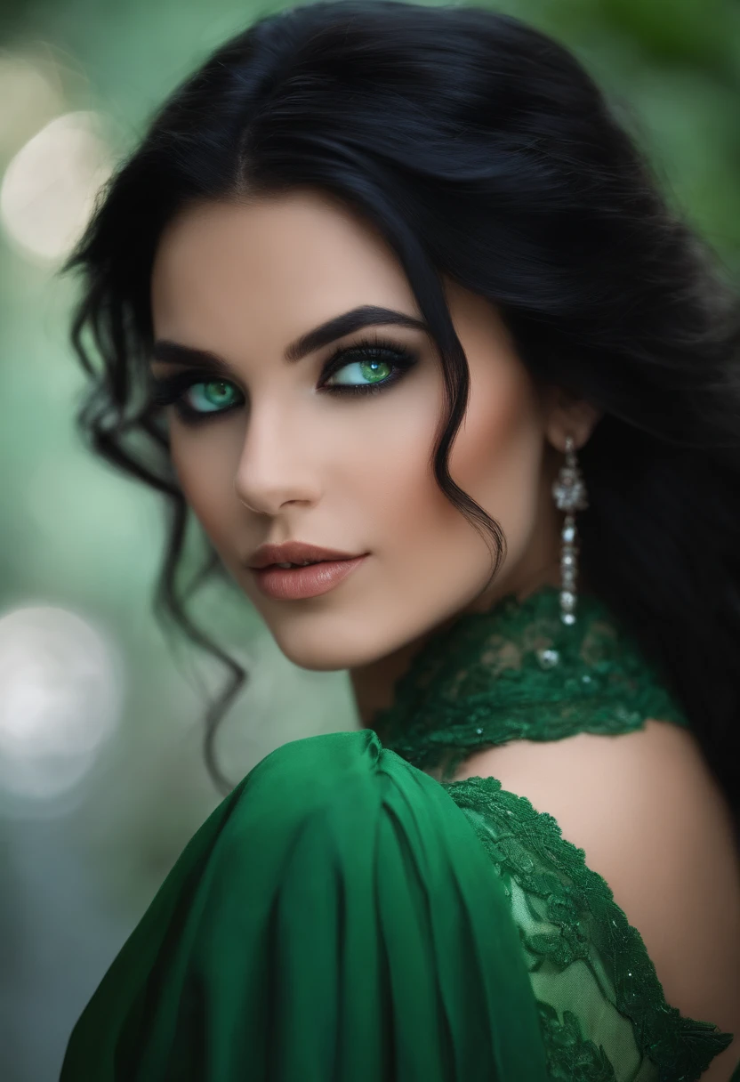 A woman with long black hair and green eyes wearing a green dress ...