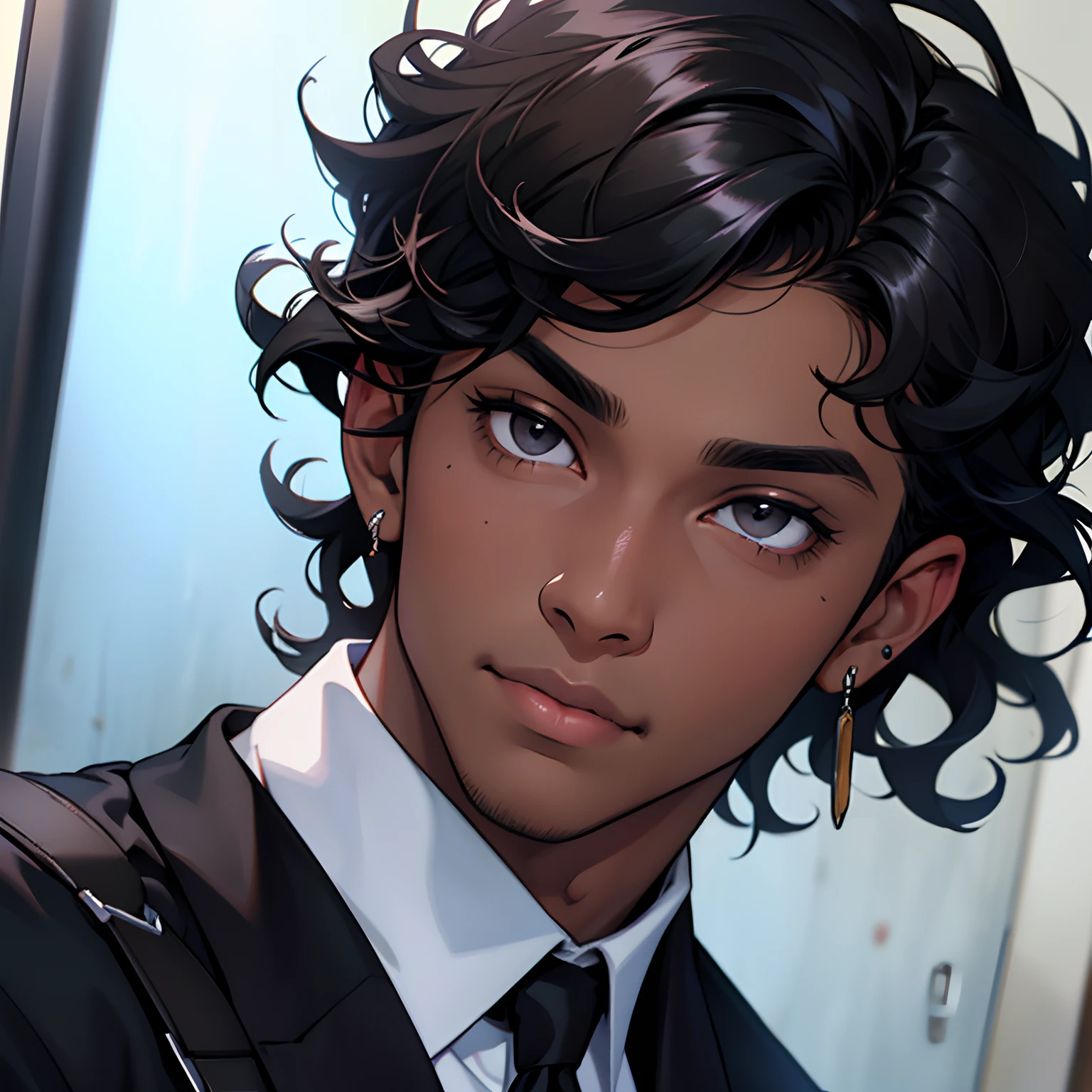 Man, male, dark skin,shiny black eyes, school outfit, black curly hair, wide nose, full lips, drop bar earrings, cute face, perfect