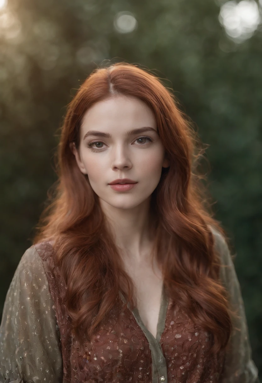 A woman with copper hair and copper eyes
