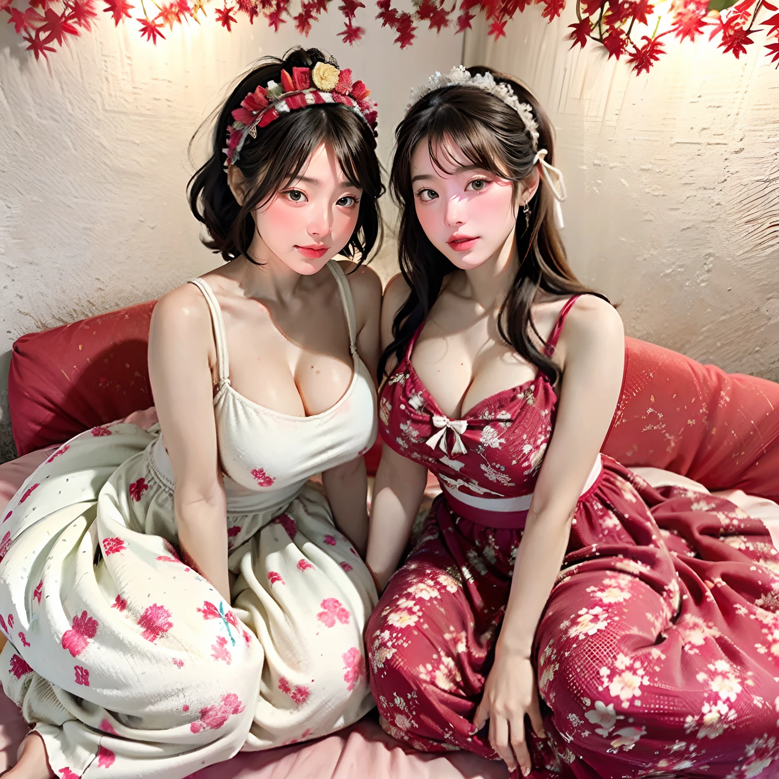 Women in Their 20s、Young features、with round face、Round jaws、Crying、Plump cheeks、embarrassed from、red blush、with a flushed face、A dark-haired、short-cut、Sauce order、Dark eyes、Gentle expression、Looking over here、young and white skin、Soft skin、Huge breasts、cleavage of the breast、Mole on the chest、plump figure、bbw、thick thight、thick waist、big butts、gargantuan butt、fantasy worlds、Photorealsitic、Highly detailed ambient occlusion、超A high resolution、realisitic、A hyper-realistic、Highly detailed、depth of fields、Photo、indirect lighting、Soft light、Soft shading、Calm palette、Red floral dress、Head dress、girl's own room、Pink floral wallpaper、Red floral curtains、huge window、frilld、bow ribbon、Two women sitting side by side on sofa:2.0、Holding hands and hands