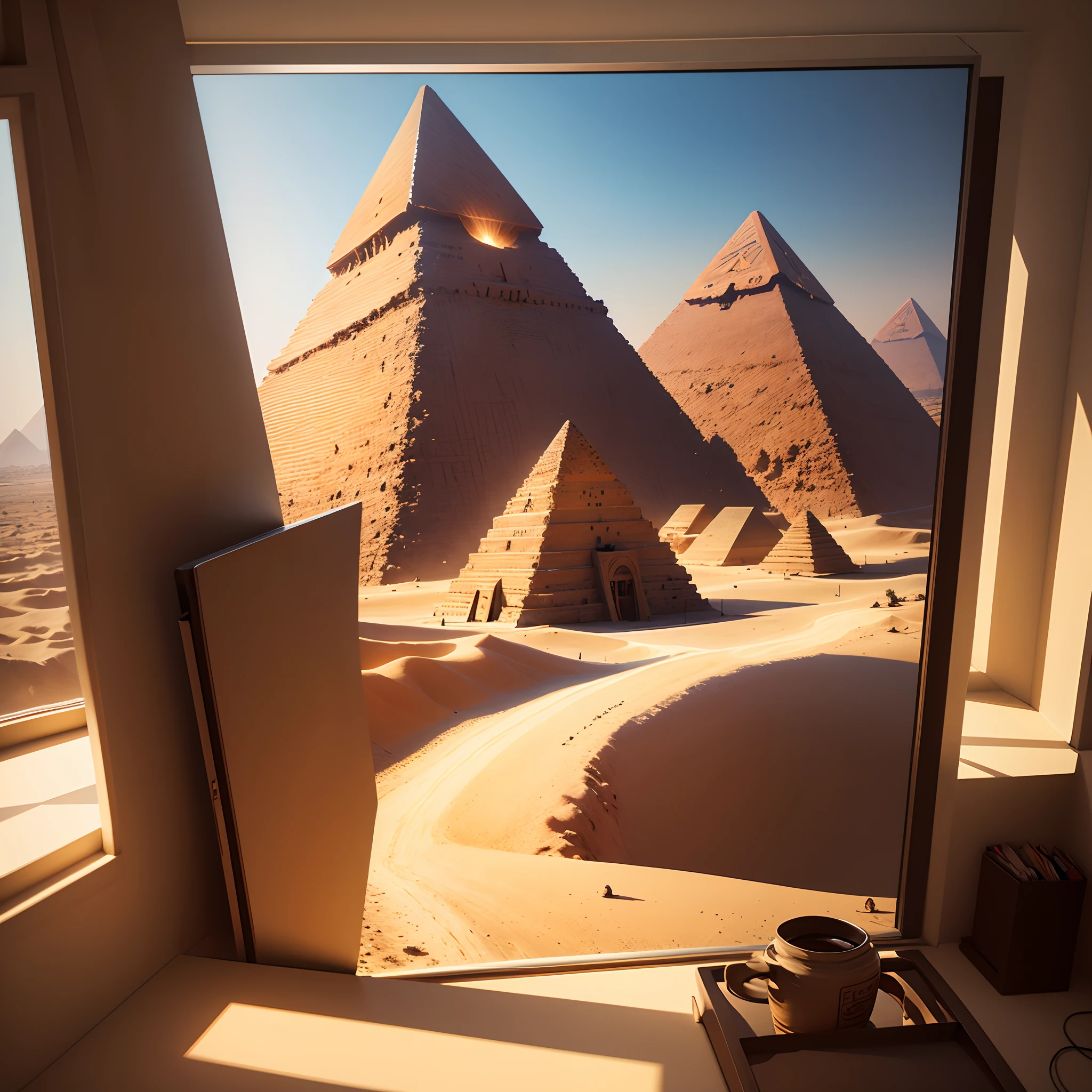 A walking in a office attair , background is Egypt pyramids, 8k,micro detail, illustration