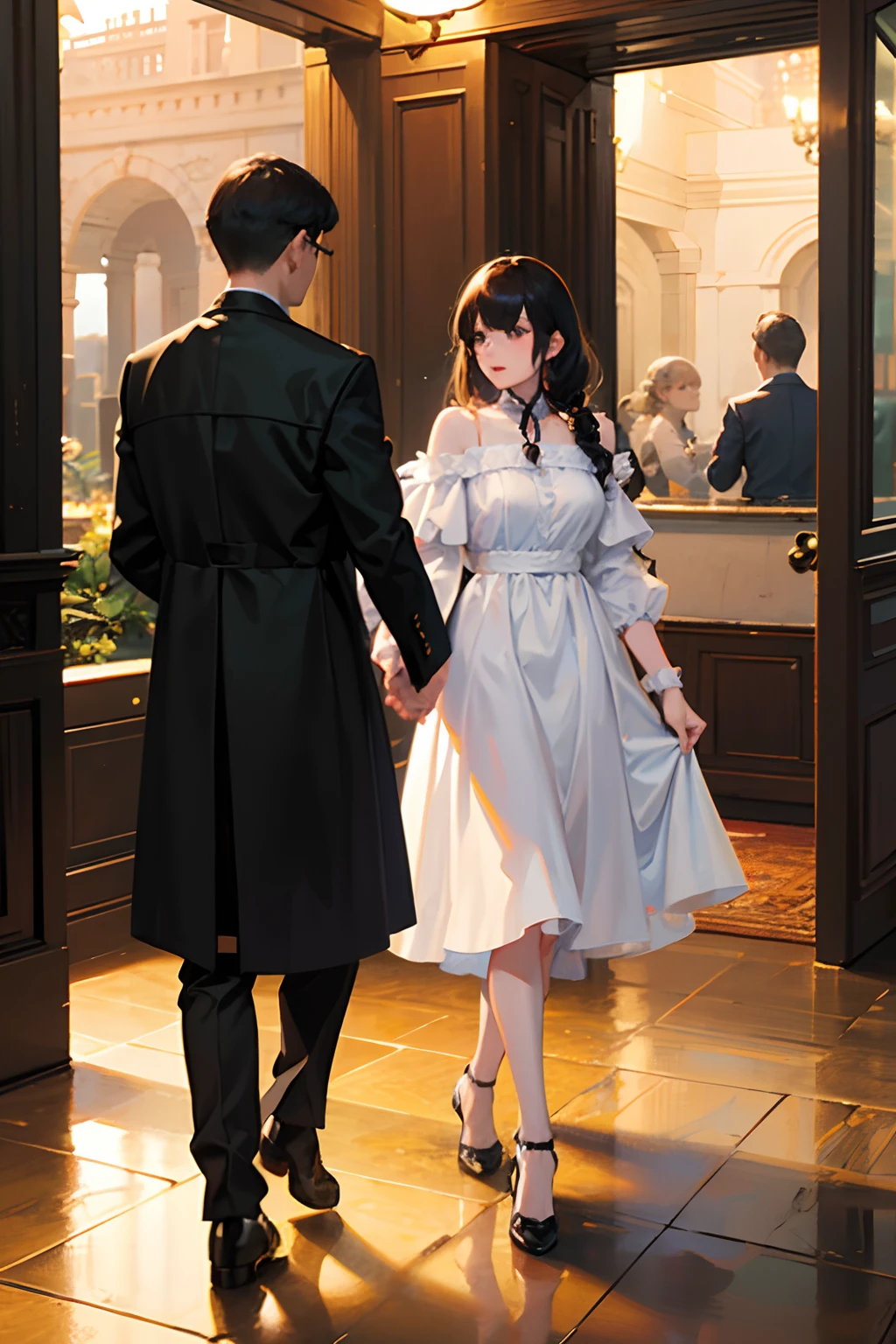 A train station in the background,In front of her a very elegant young man, waiting for his beloved.