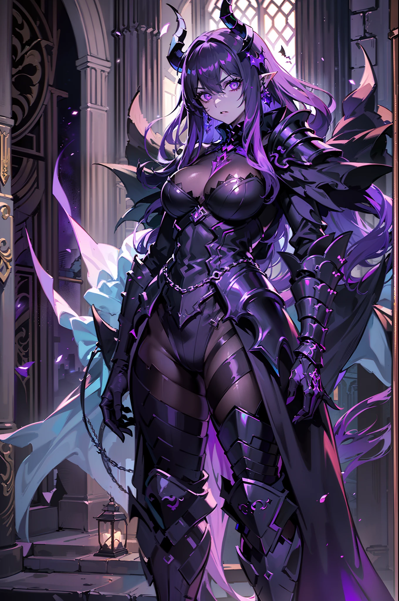 {{masterpiece, best quality, extremely detailed CG, unity 8k wallpaper,anatomically correct,ultra resolution}},Award-winning photography,(best illumination,Very Delicate and Beautiful),{one girl,solo,dragon girl},full body view,knight,(black long hair:1.5),purple eyes,(extremely beautiful and detailed face:1.2), (extremely beautiful and detailed eyes:1.2),perfect hands,delicate legs,((black dragon horns,dragon wings,one dragon tail:1.2)),(epic),pointy ears,purple earrings,purple jewelry,skinny,((full body Plate Armor:1.2,breastplate,greaves,armored boots,armored gloves)),looking at viewer,dark persona,evil,(cute:1.5),((night, dark atmosphere, dark theme, scary atmosphere, darkness:1.5)),dramatic shadows,(dimly lit:1.5),(purple Luminescent Particles:1.4),depth of field,(outdoor:1.5,haunted Gothic castle:1.2),{perfect human body structure with maximum precision}