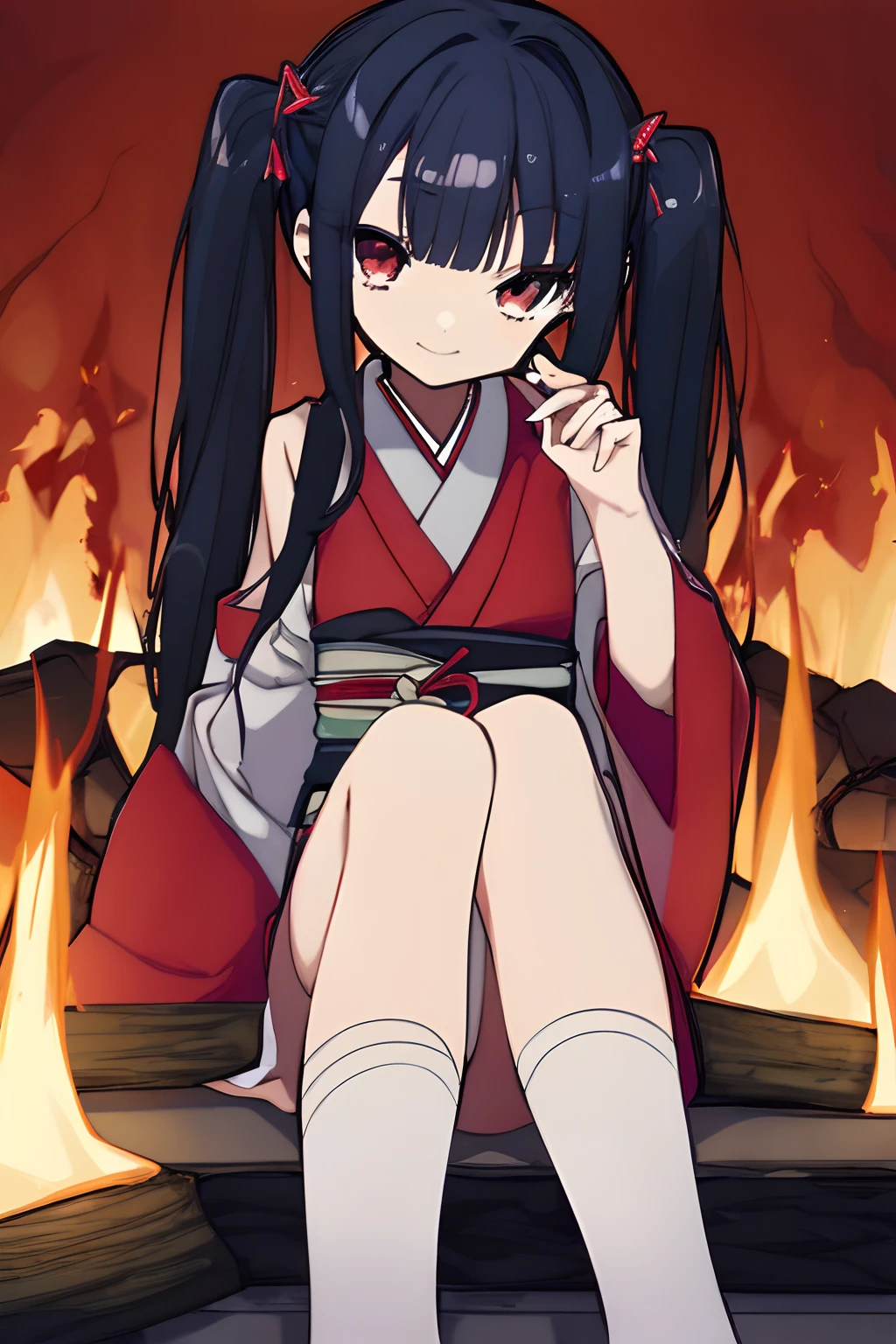 1girl, young girl, masterpiece, high quality, dark blue hair, bangs, red eyes, twintail, long hair, (in the fire), wearing a japanese cloth, small smiling, a hair pin, sitting