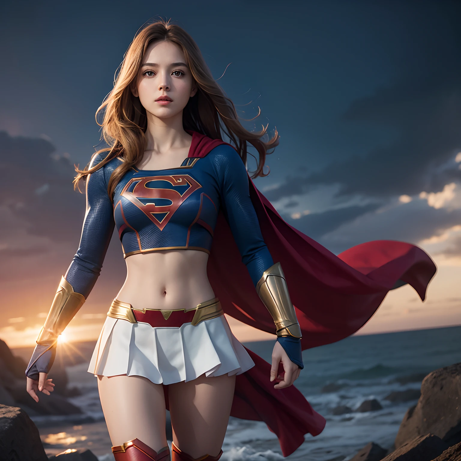 (1girl), solo, long hair, full body, supergirl, crop top