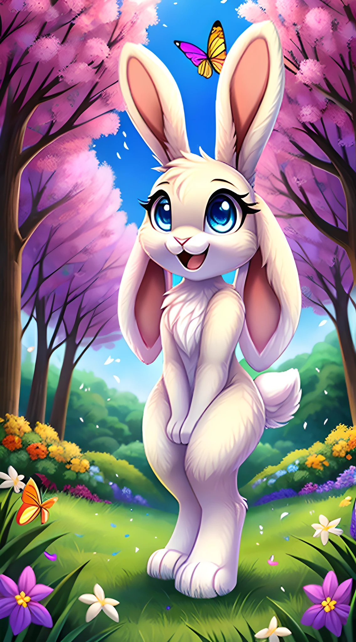 zoomed out image, fantasy style art, cute, adorable, furry fantasy art, fluffy female white bunny with blue eyes, 2 extra ears, 4 ears, big floppy ears, long ears, ears perked up, raised ears, long eyelashes, poofy rabbit tail, smiling, standing on two hind feet, standing in a forest, big expressive smile, open mouth, wide eyes, excited eyes, excited face, stunning visuals, sunlight coming through the trees, colorful flowers scattered in the bushes, colorful butterflies flying around, digital illustration