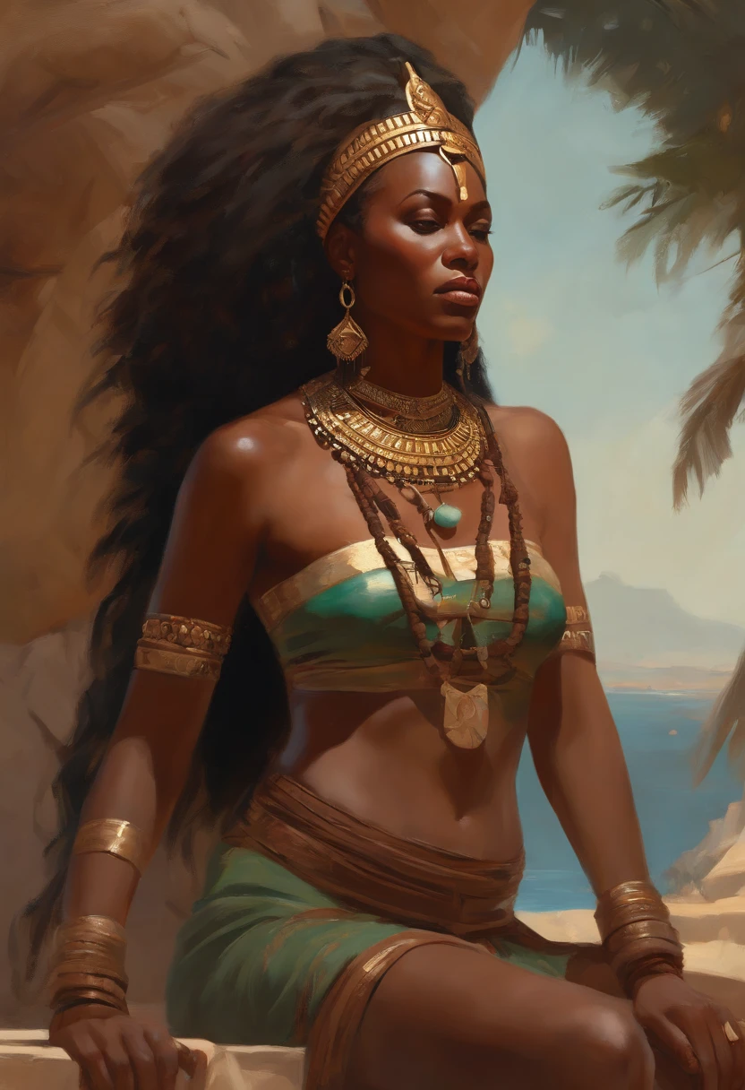 The most beautiful work of art in the world, Featuring tribes ((fanciful)) Queen of Africa Warrior Woman, No exotic clothes, (Sat down: 1.2), (af_side: 1.3), Majestic oil painting by Ed Brinkie, atey ghailan, by Ghibli Studio, Poljeremy Mann, Greg Manchess, Antonio Moro, Trend at Artstation, trend in CGSociety, Intricate, High detail, Sharp focus, Dramatic, photorealistic painting art by midjourney and greg rutkowski