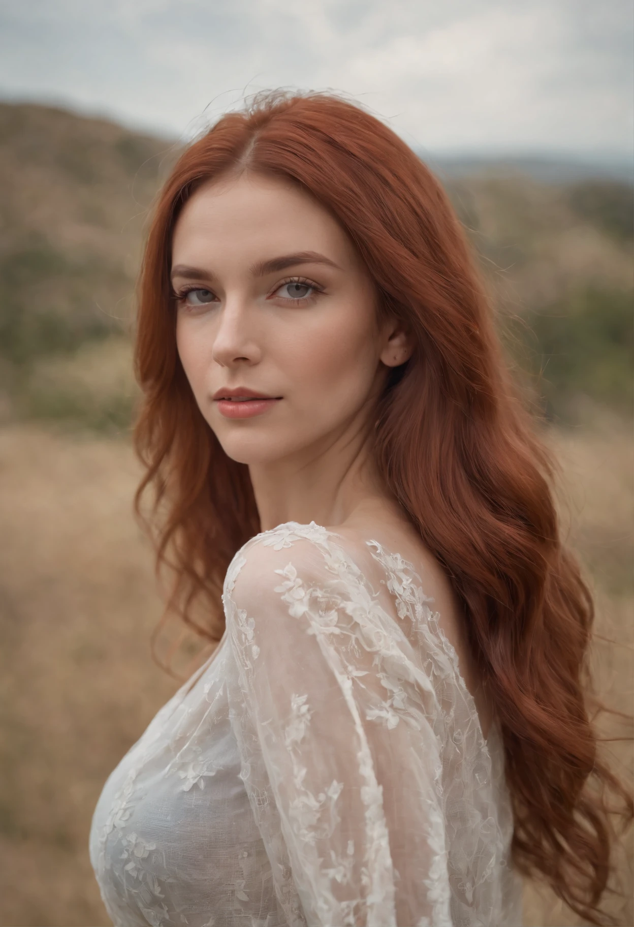 profesional, (Foto 4k:1.1)  (foco nítido:1.3), High detail, Vistiendo (Camisa ajustada:1.2), Hermosa cara detallada, An attractive woman with long red hair looks at the camera, Panasonic Lumix s pro 50mm f/1.4, , Foto realista, (Mujer joven atractiva:1.3), (seductor:1.1), (ruboroso:1.1), Forma del cuerpo con curvas, pechos grandes y redondos, Emphasis on the, acentuado, Tiro trasero, usando minifalda, cuerpo completo, piernas largas