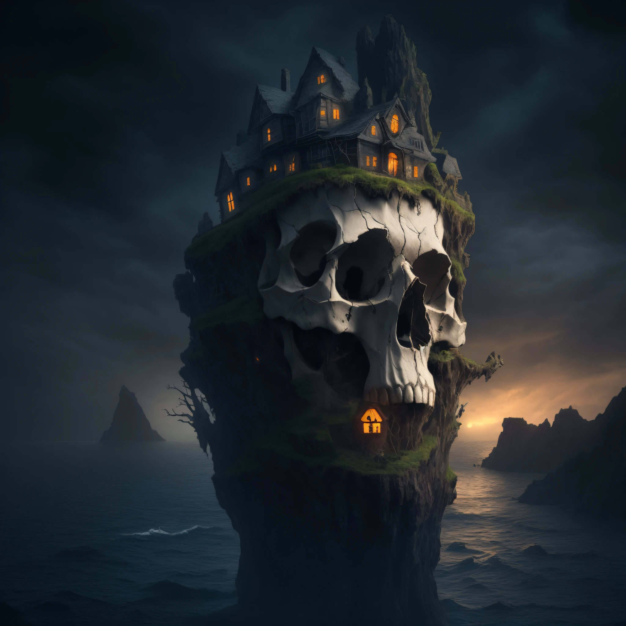 arafed, dark fantasy art, goth art,  an award winning digital picture, National Geographic picture of a dark mysterious island at night, it is night time, a dark island, dark gloomy beach, skull on the beach, some large ancient trees, a dark castle, lit with torches, necromancy magic, full moon, some stars,  Ultra-high resolution, High Contrast, (masterpiece:1.5), highest quality, Best aesthetics), 16K fantasy art, best details, best quality, highres, (ultra wide angle: 1.2), 16k, [ultra detailed], masterpiece, best quality, (extremely detailed), ladyshadow, dark fantasy