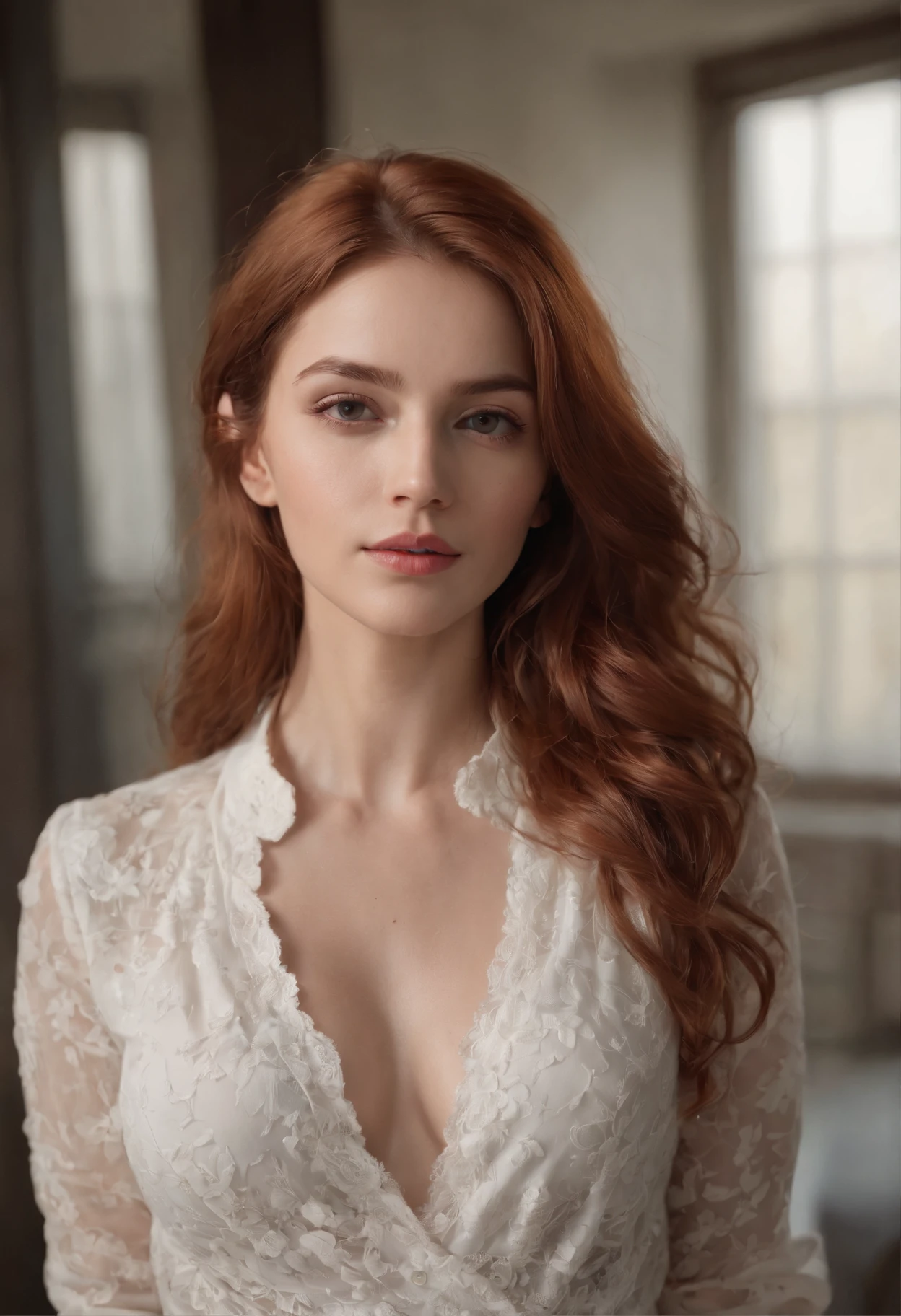 profesional, (Foto 4k:1.1)  (foco nítido:1.3), High detail, Vistiendo (Camisa ajustada:1.2), Hermosa cara detallada, An attractive woman with long red hair looks at the camera, Panasonic Lumix s pro 50mm f/1.4, , Foto realista, (Mujer joven atractiva:1.3), (seductor:1.1), (ruboroso:1.1), Forma del cuerpo con curvas, pechos grandes y redondos, Emphasis on the, acentuado, Tiro trasero, usando minifalda, cuerpo completo, piernas largas