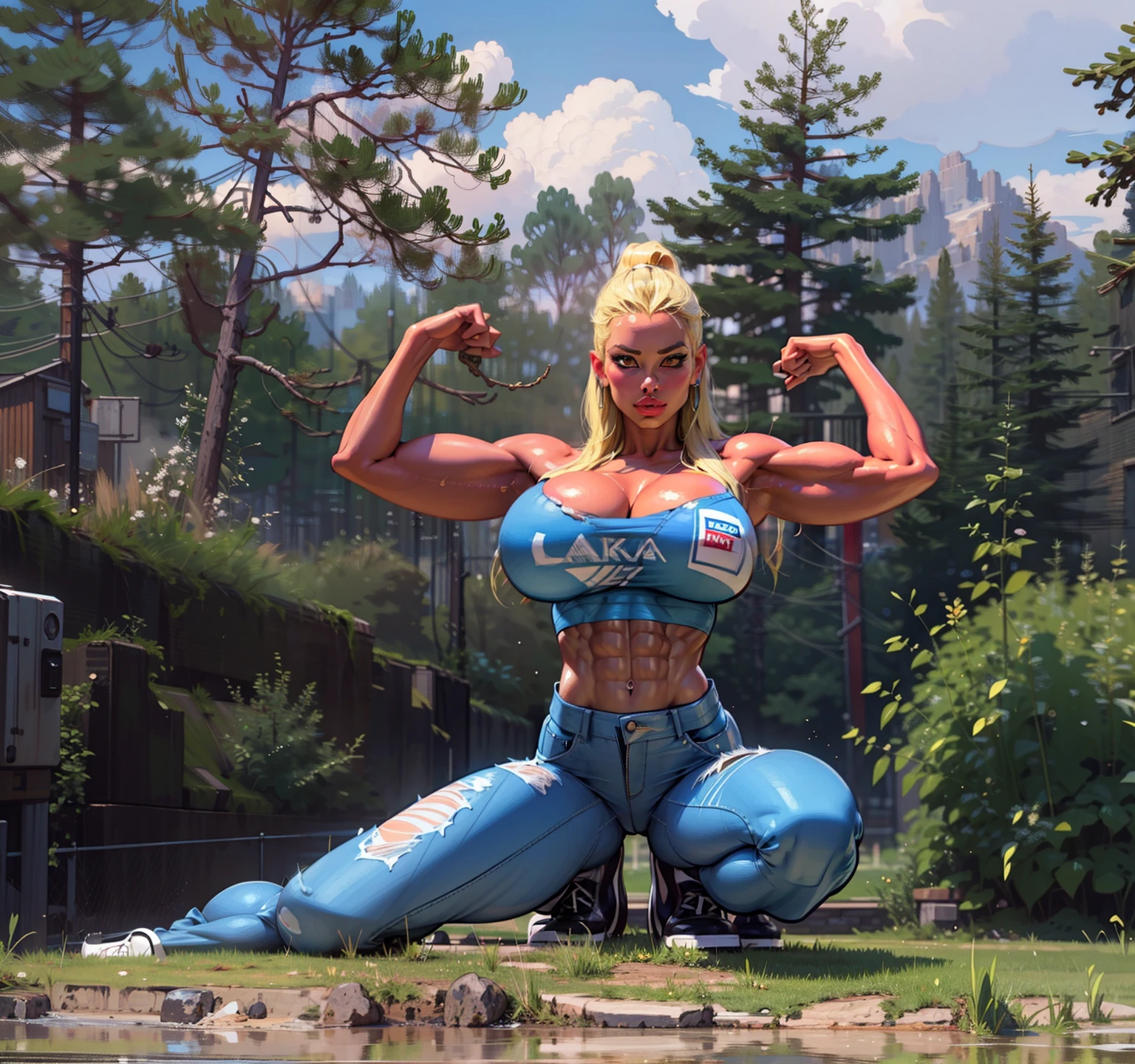 Muscular woman,((( blonde))) beautiful, tight jeans, tube top,blonde hair, white skin tone, gigantic breasts, highly detailed, masterpiece, slendered abs, puffy lips