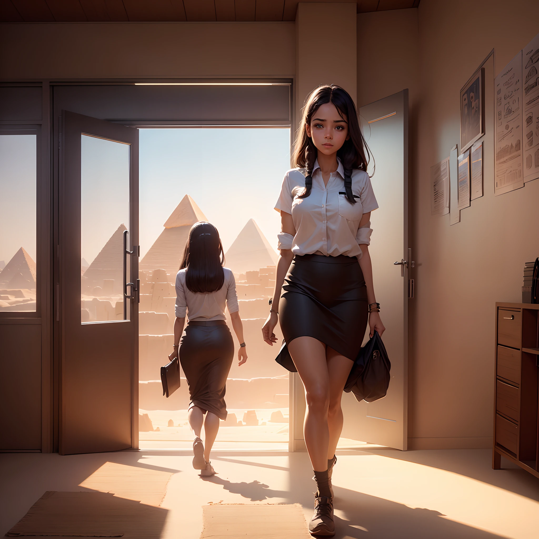 A girl walking in a office attair, background Egypt pyramids,8k, micro detail, illustration