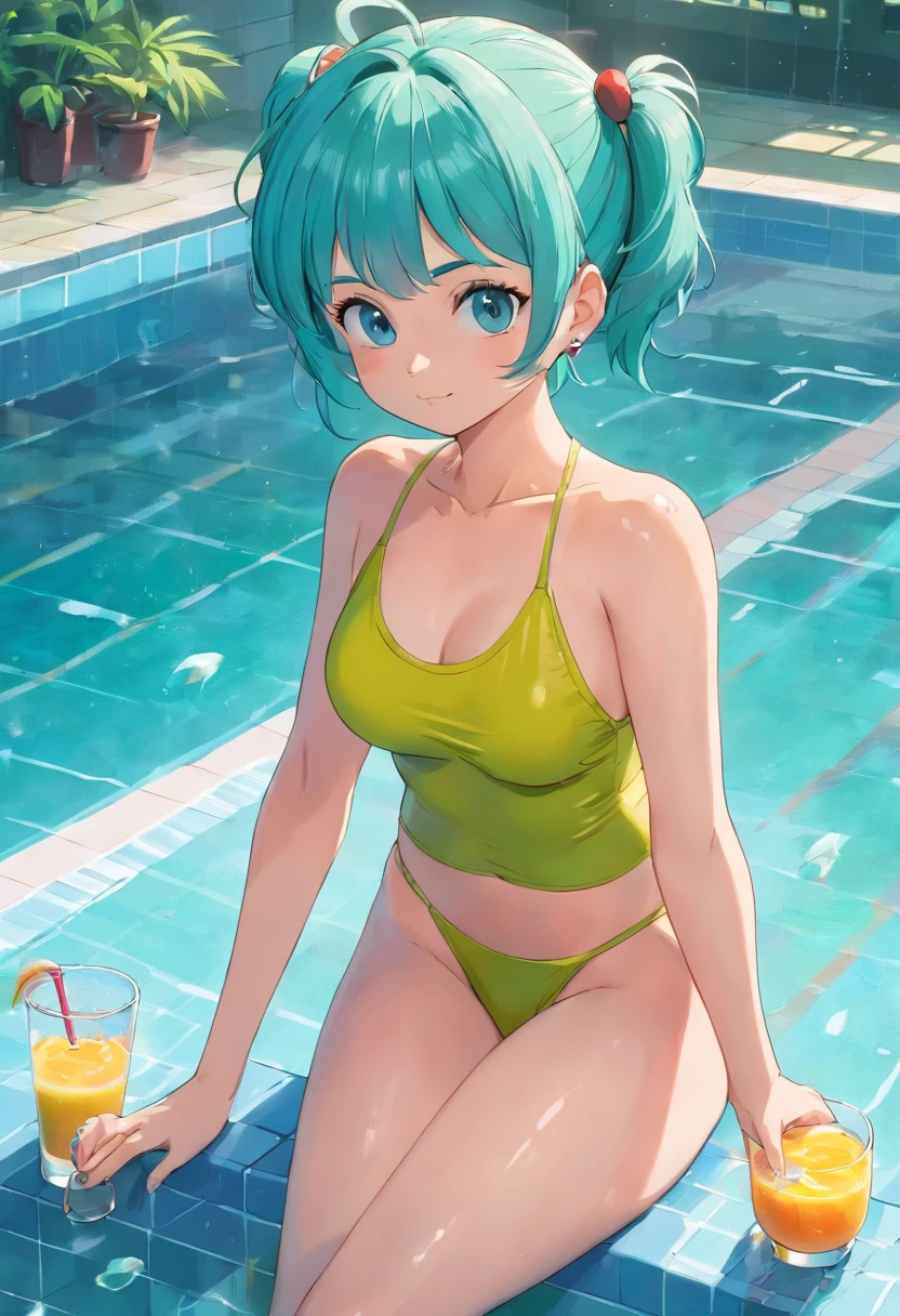 Bulma in a swimsuit in the pool in rainy weather having a juice