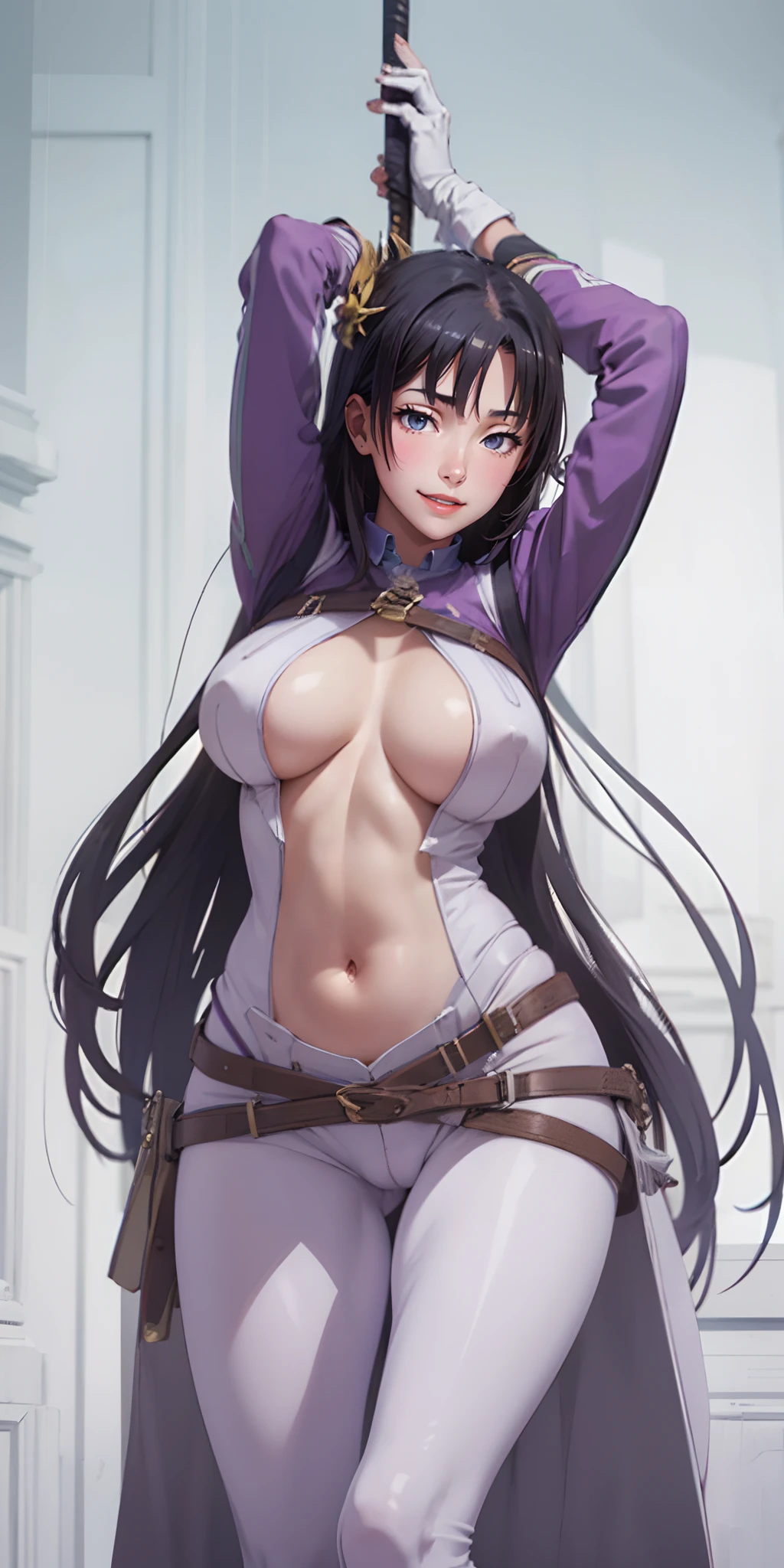 hair ornament,  long_hair, 1girl, gloves, breasts, long_hair, large_breasts, bodysuit, yellow_eyes, purple_hair, black_gloves, solo, very_long_hair, blush, belt, looking_at_viewer, bangs, arms_up, rope, weapon, sword, fingerless_gloves, covered_navel, smile