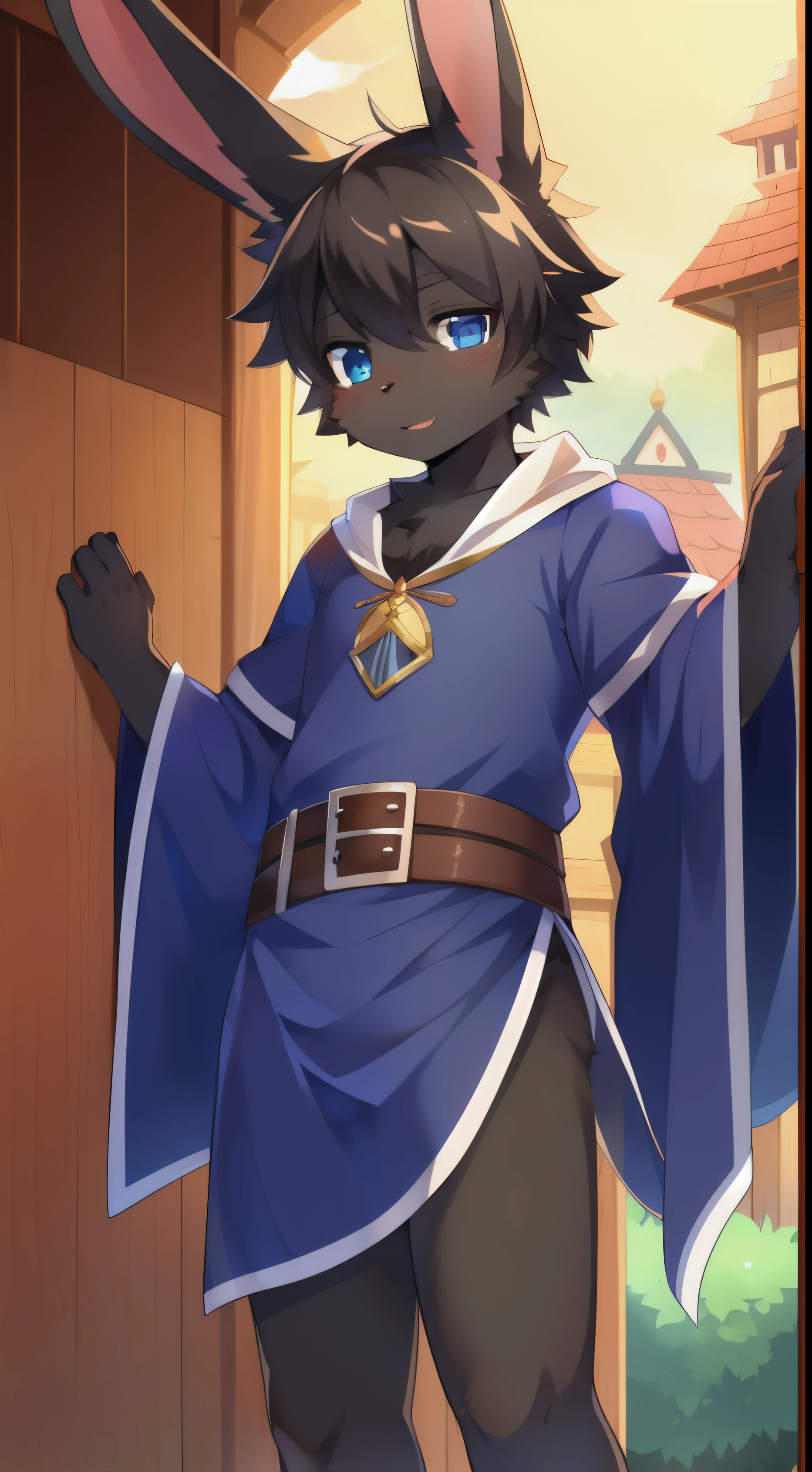 masterpiece, solo, 1boy, Furry, kemono, furry rabbit, anthropomorphic, male, black fur, black skin, blue eyes, wizard clothes, sexy clothes, fantasy town, femboy, uploaded on e621,