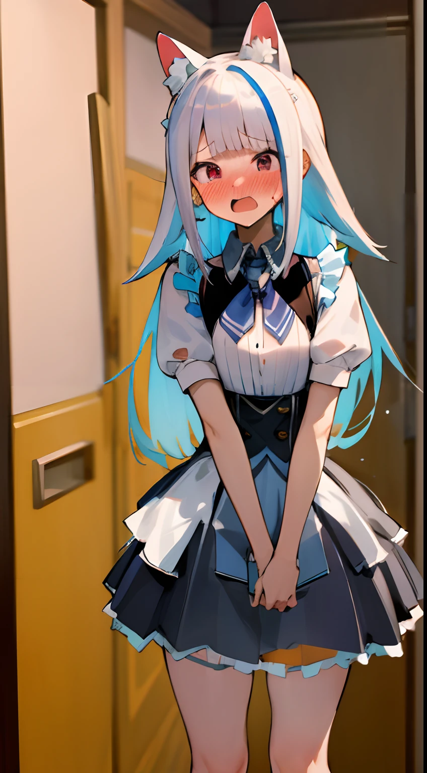 masterpiece, top quality, high resolution, 1girl, straight-on, standing, solo, open mouth, embarrassed, blush, maid costume, maid, mini skirt, short skirt, red cheeks, lineart, indoor, blush, open mouth, embarrassed, arms in chest, cat pose, moe pose, ear blush, looking at viewer, cat ear, long hair, close up