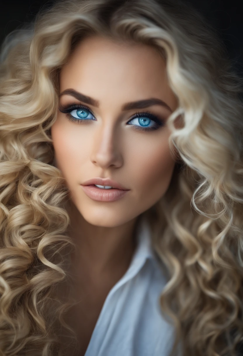 very pretty woman with long curly blonde hair and pretty blue eye's